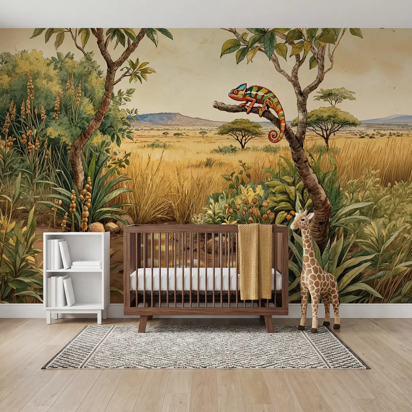 storybook chameleon jungle branch wallpaper mural for nursery by Whimsy Tots