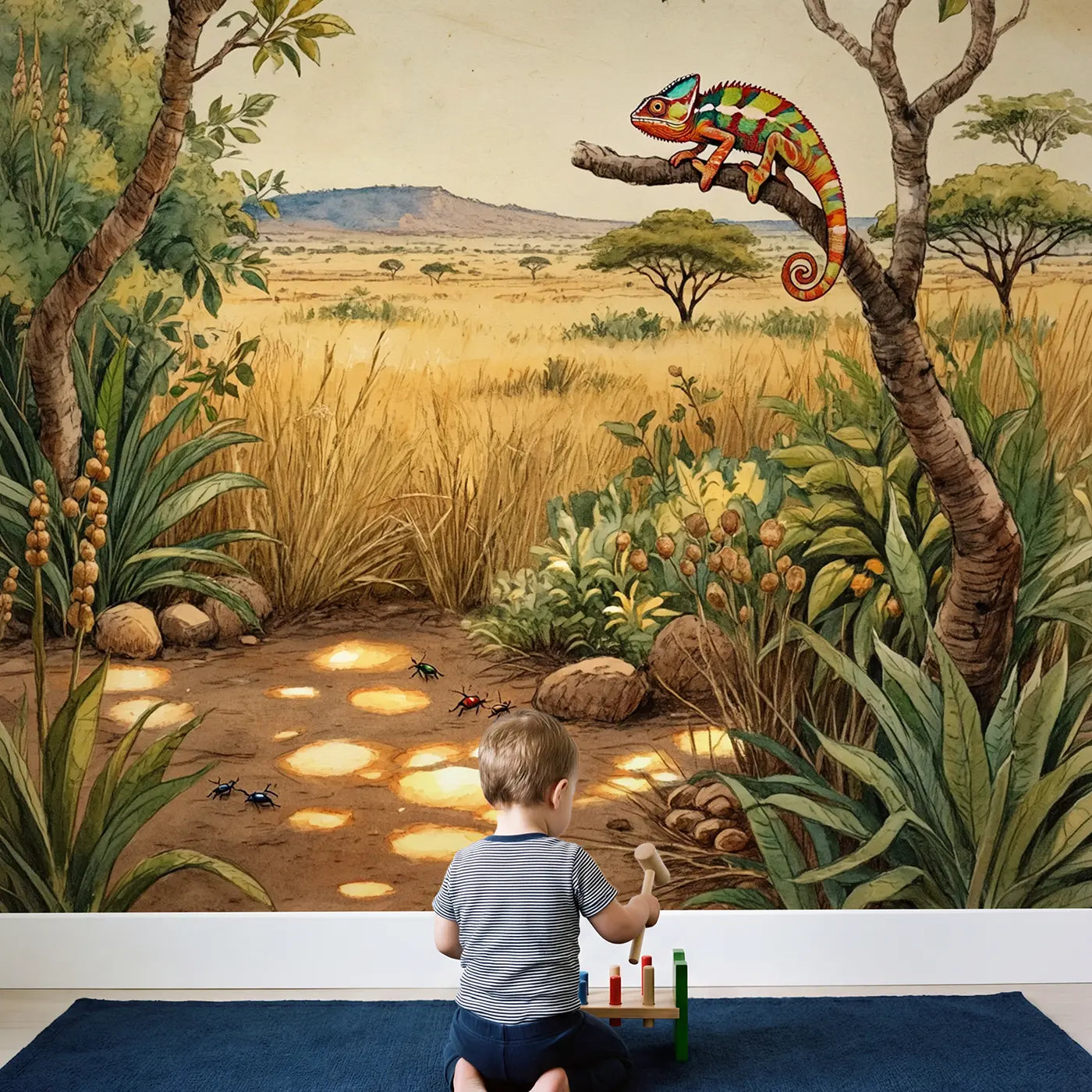 Child in nursery with Chameleon Curling Branch Wallpaper Mural by Whimsy Tots