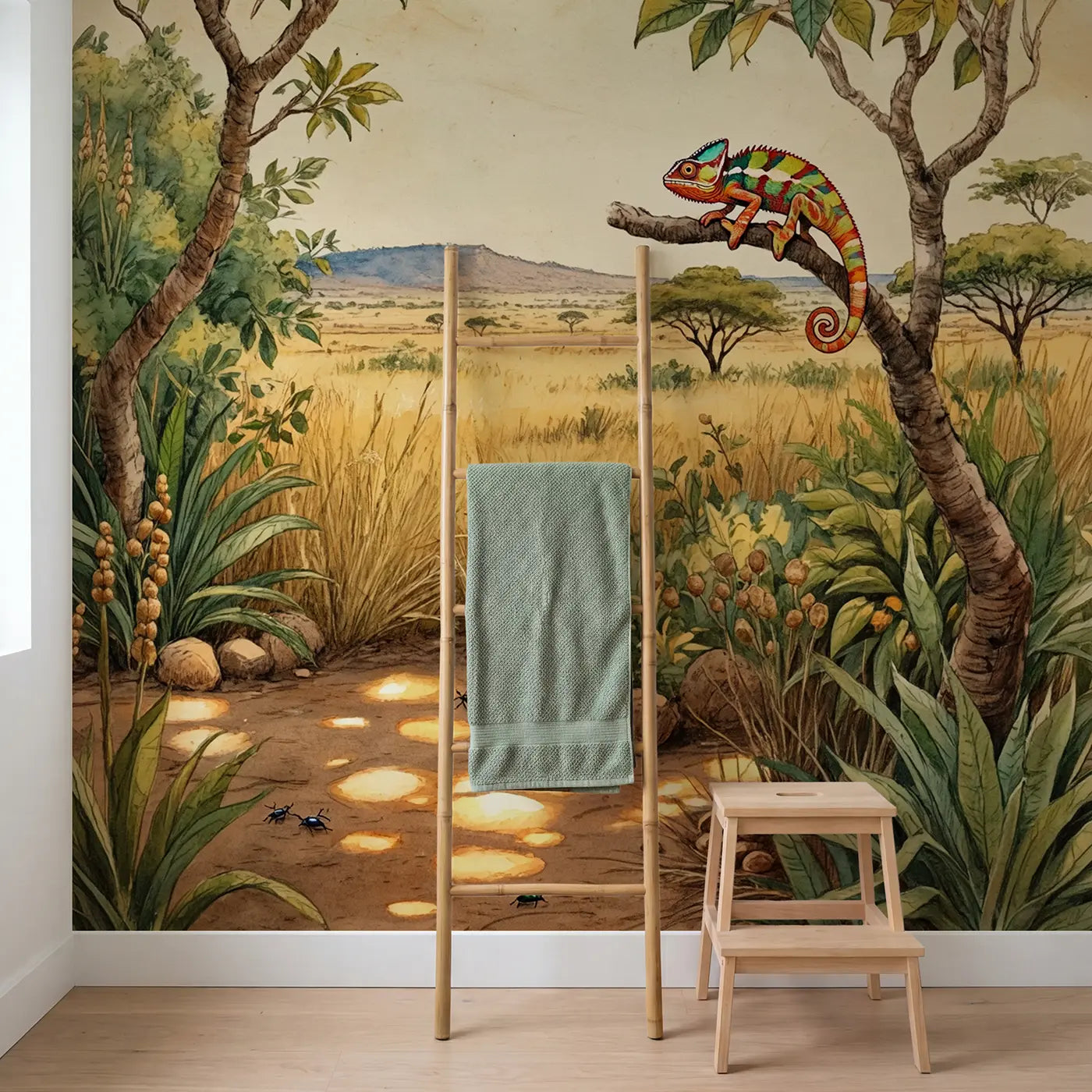 Chameleon Curling Branch Wallpaper Mural in playroom setting by Whimsy Tots