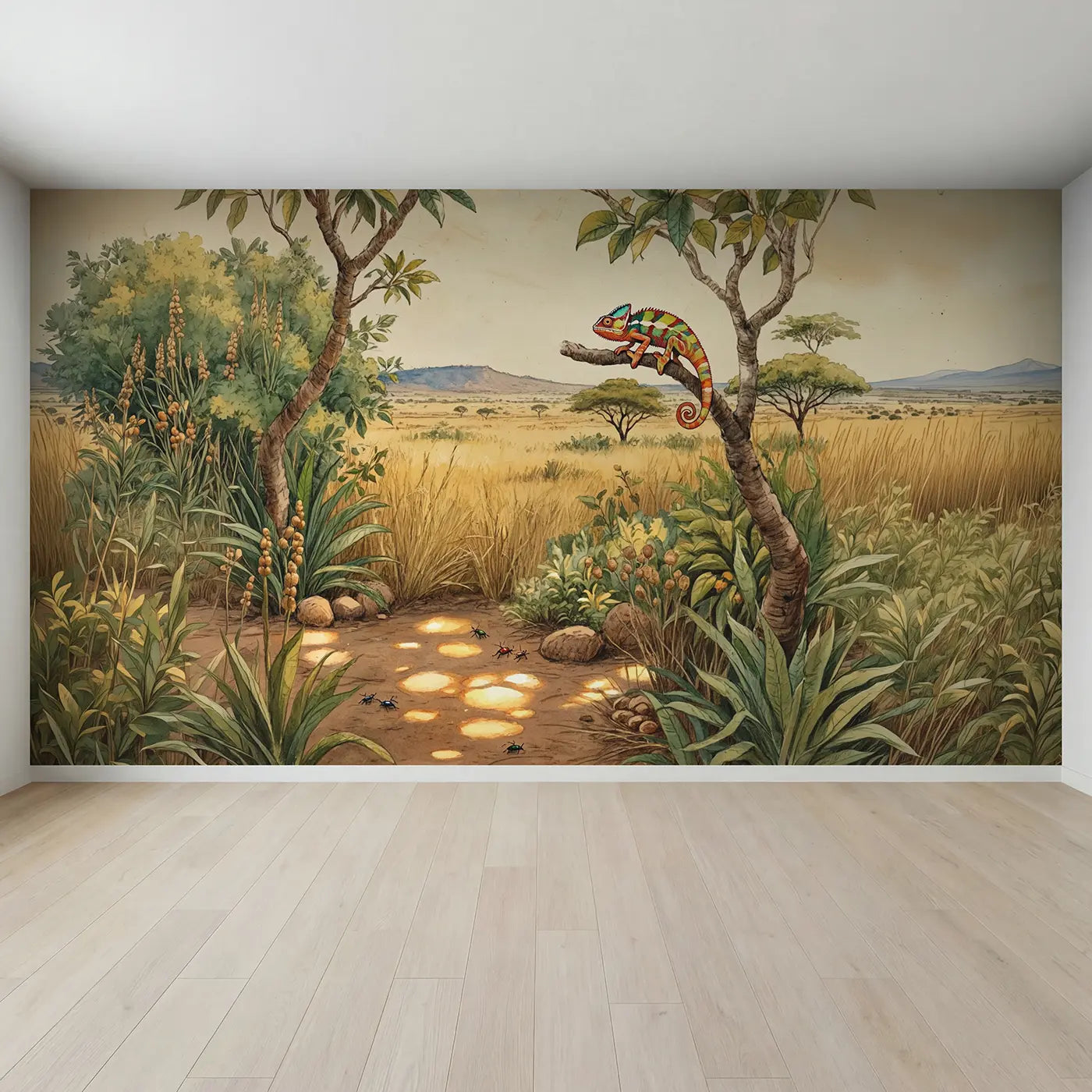 Full view of Chameleon Curling Branch Wallpaper Mural by Whimsy Tots