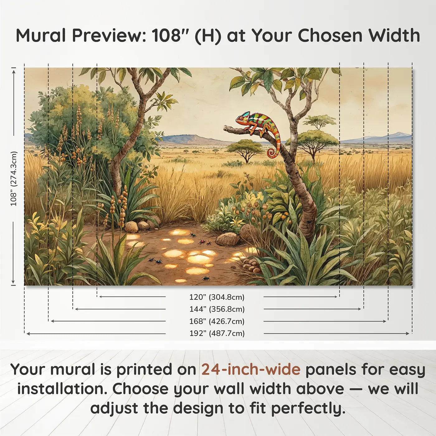 Panel layout and dimensions for Chameleon Curling Branch Wallpaper Mural by Whimsy Tots