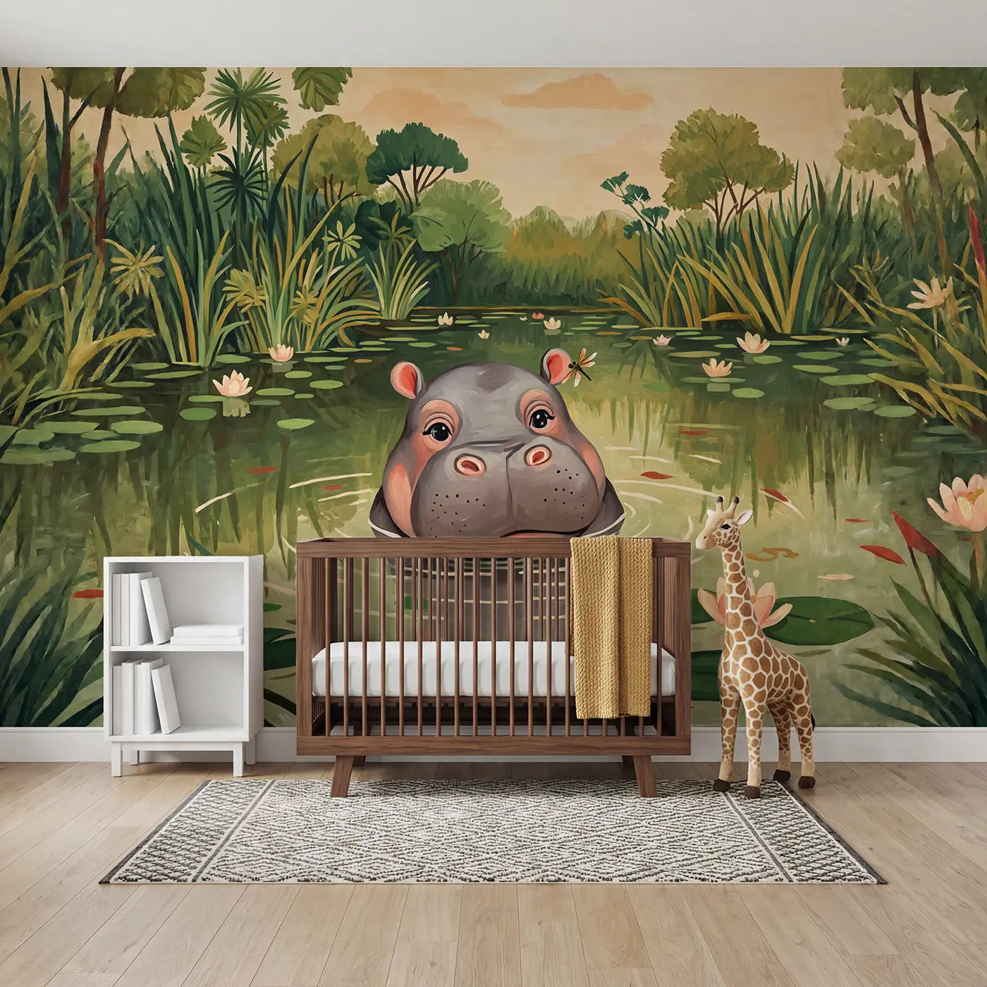 Modern Illustration baby hippo river peek wallpaper mural for kids room by Whimsy Tots