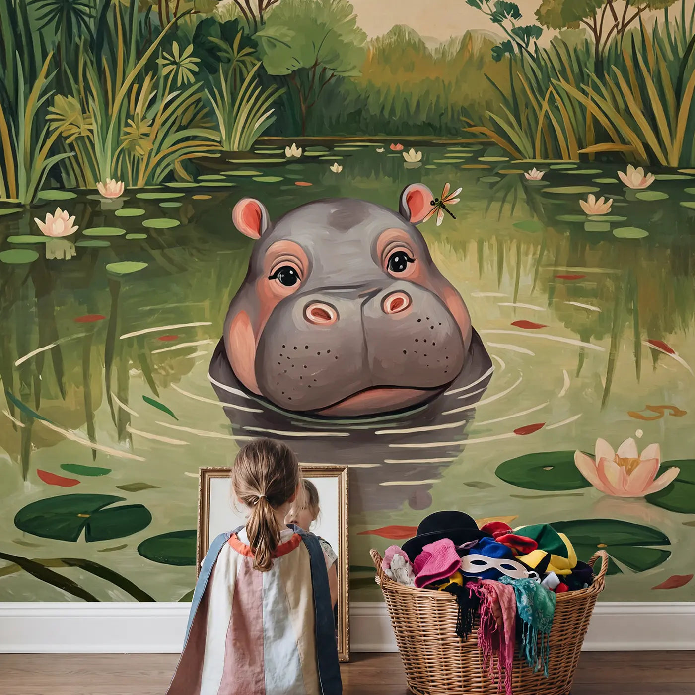 Child in nursery with Baby Hippo River Peek Wallpaper Mural by Whimsy Tots