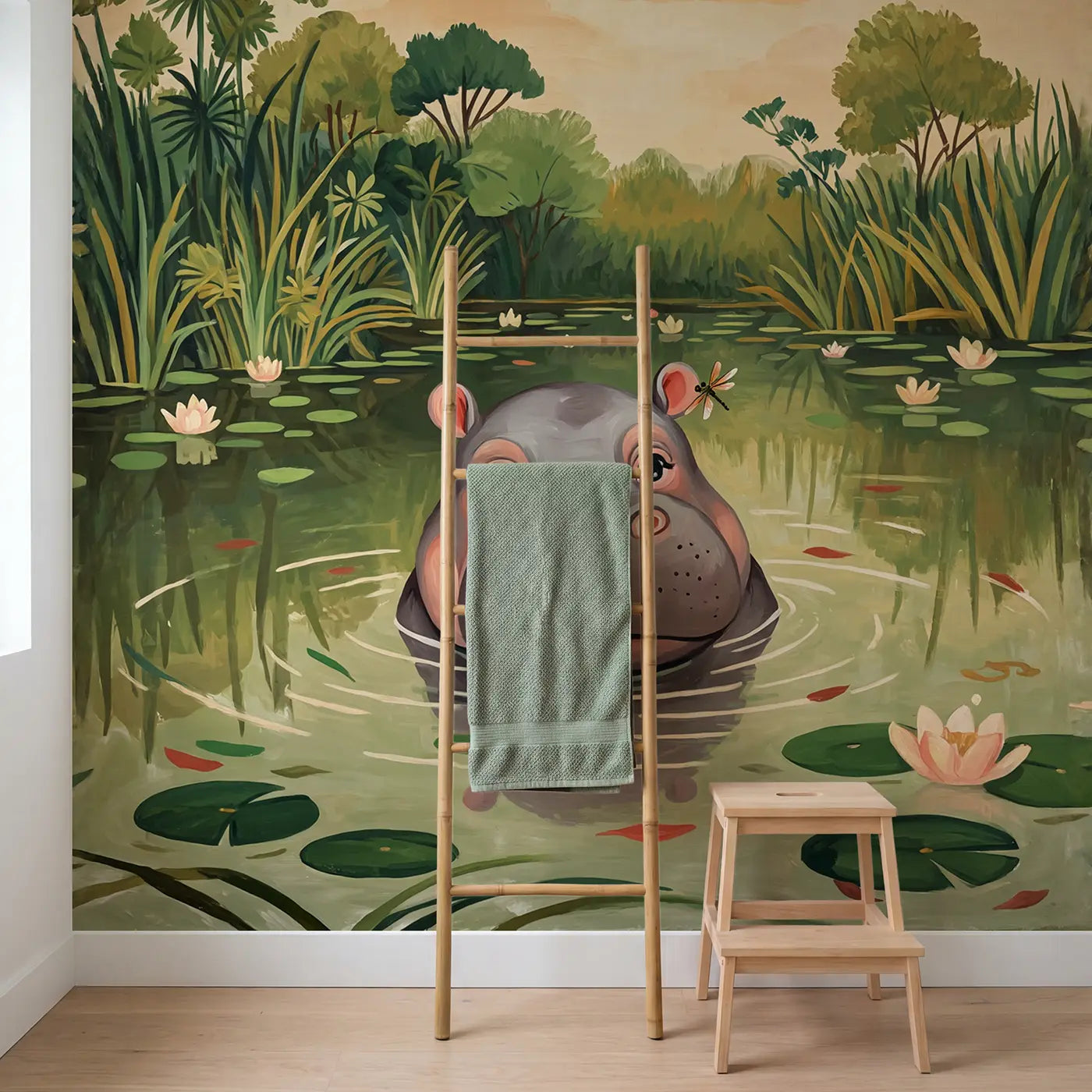Baby Hippo River Peek Wallpaper Mural in playroom setting by Whimsy Tots