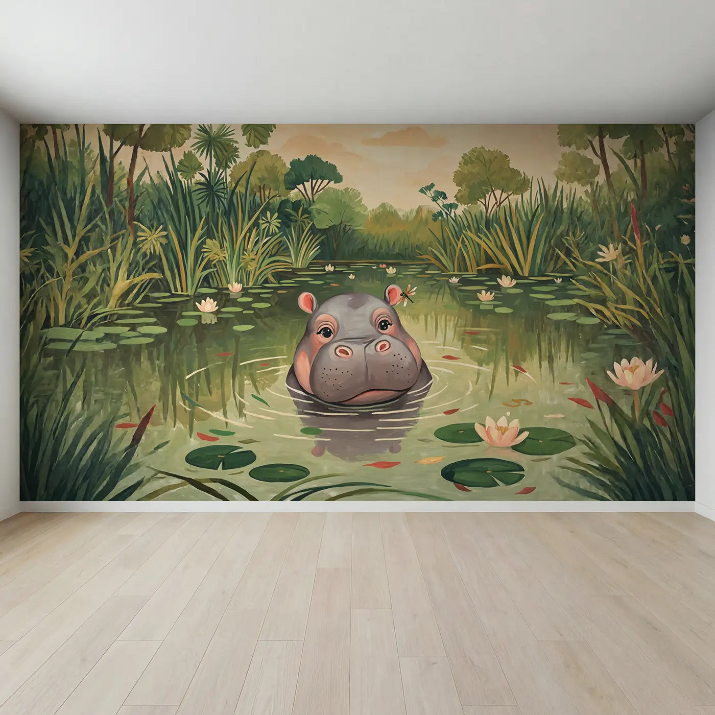 Full view of Baby Hippo River Peek Wallpaper Mural by Whimsy Tots