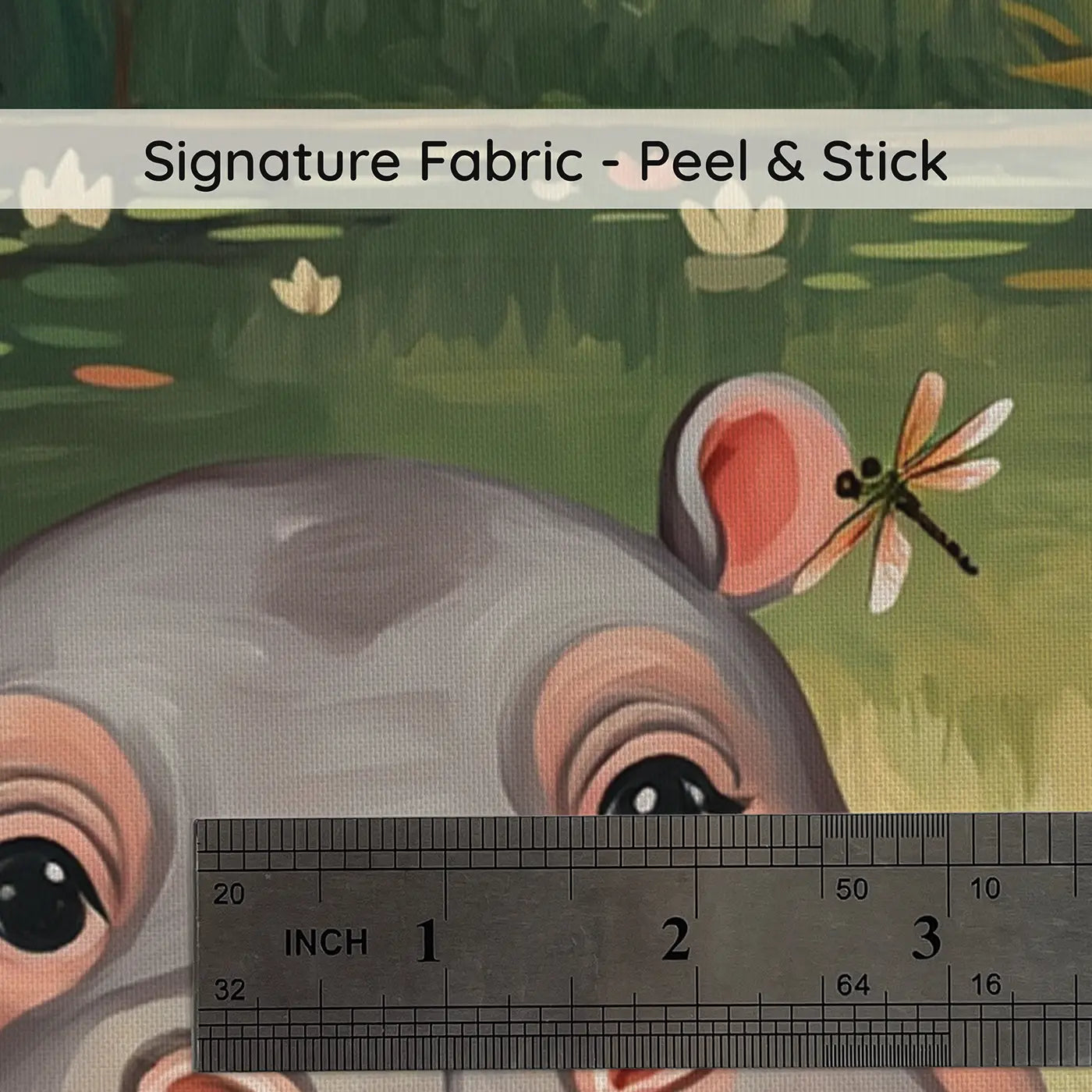 Fabric texture close-up of Baby Hippo River Peek Wallpaper Mural by Whimsy Tots