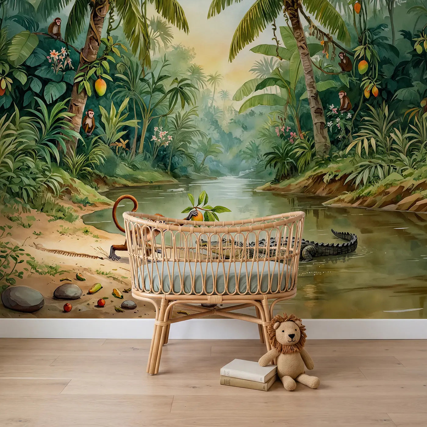 Watercolor monkey crocodile jungle river wallpaper mural for boys room by Whimsy Tots