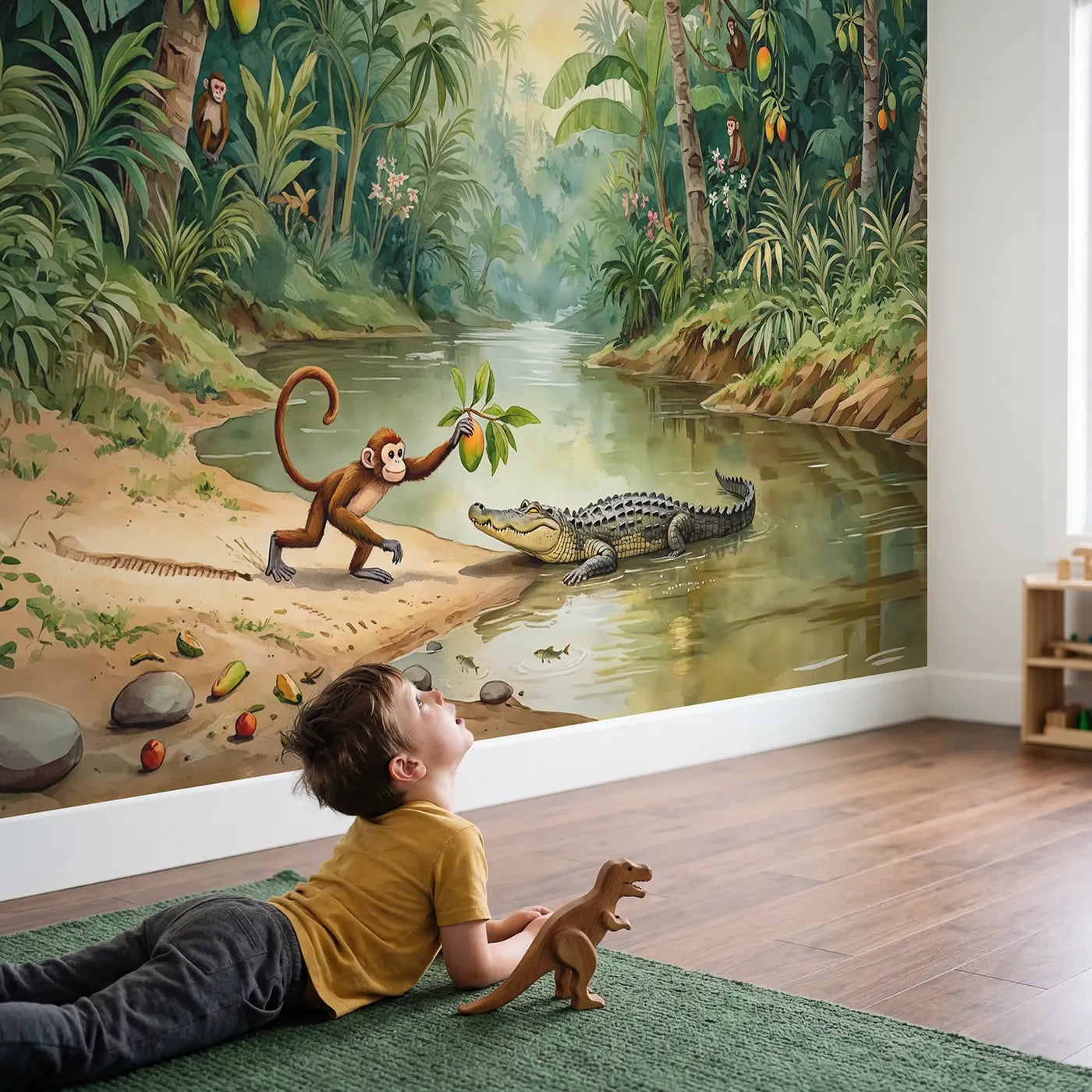 Child in nursery with Monkey and Crocodile River Wallpaper Mural by Whimsy Tots