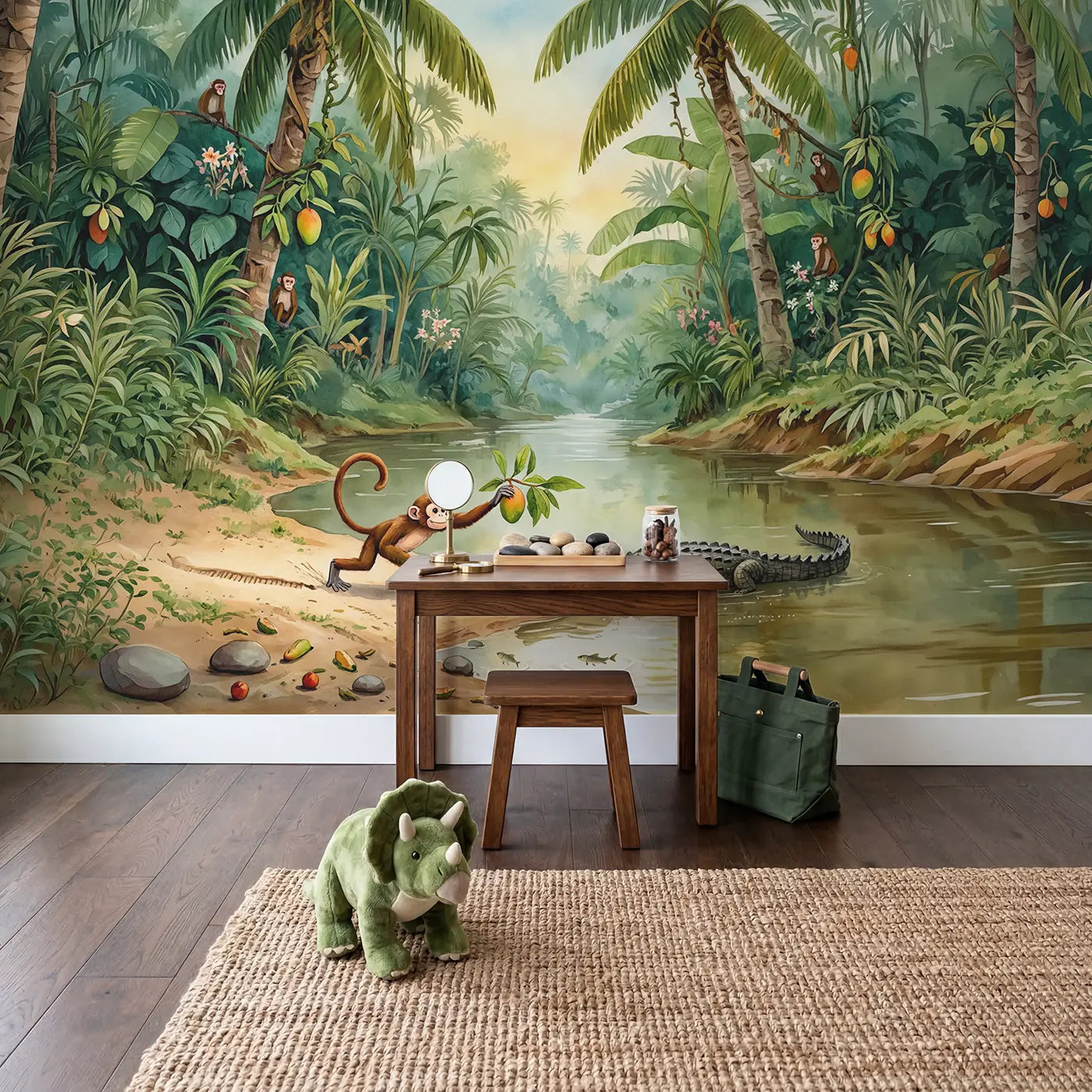 Monkey and Crocodile River Wallpaper Mural in playroom setting by Whimsy Tots