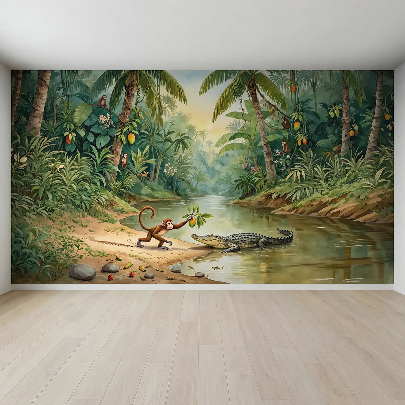 Full view of Monkey and Crocodile River Wallpaper Mural by Whimsy Tots