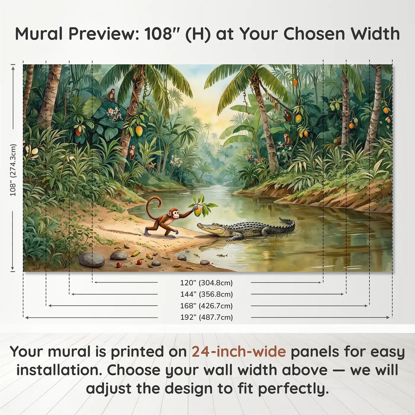 Panel layout and dimensions for Monkey and Crocodile River Wallpaper Mural by Whimsy Tots