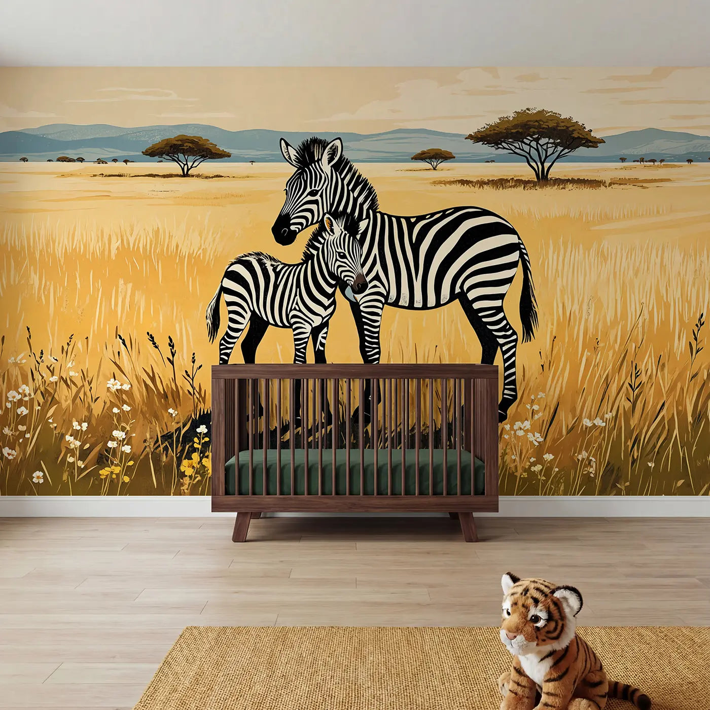 Block Print zebra mother foal savanna wallpaper mural for girls room by Whimsy Tots