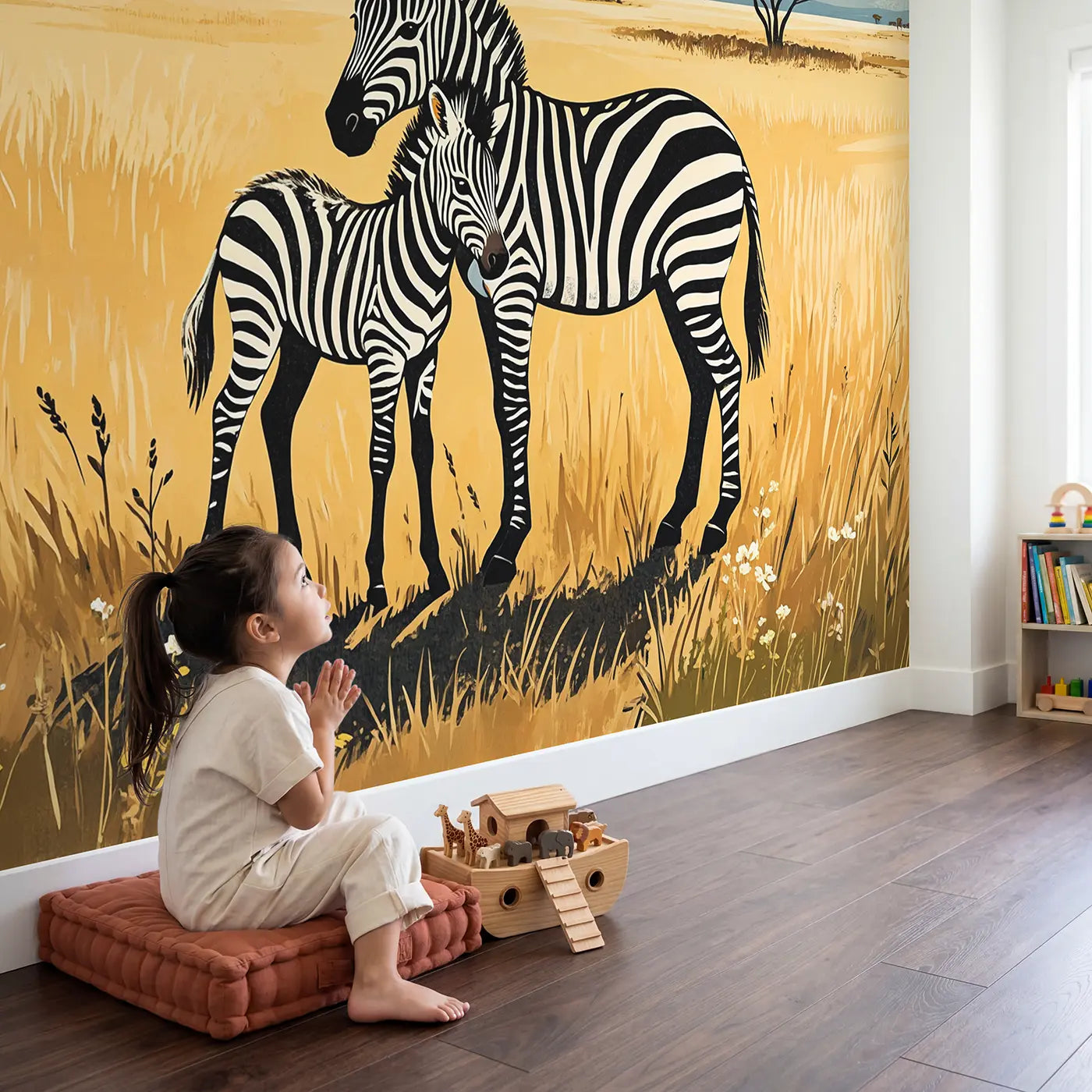 Child in nursery with Zebra Mother and Foal Wallpaper Mural by Whimsy Tots