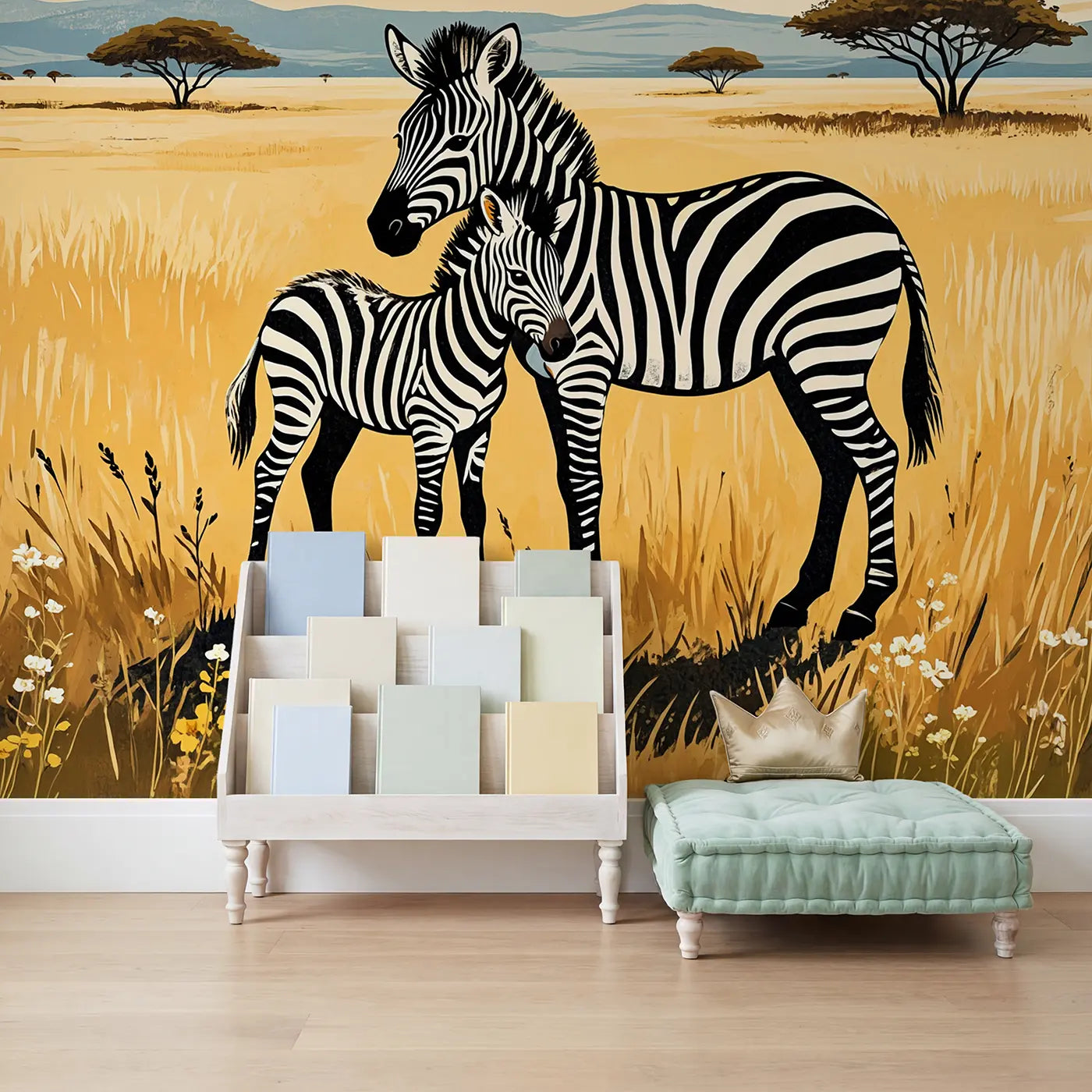 Zebra Mother and Foal Wallpaper Mural in playroom setting by Whimsy Tots