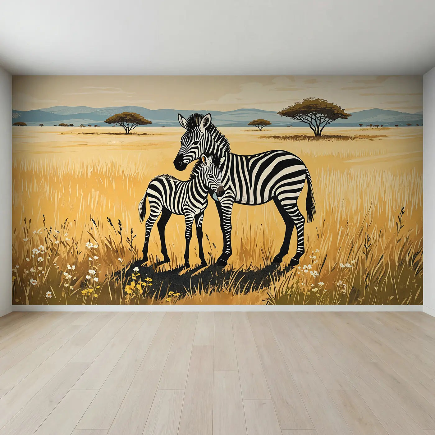 Full view of Zebra Mother and Foal Wallpaper Mural by Whimsy Tots