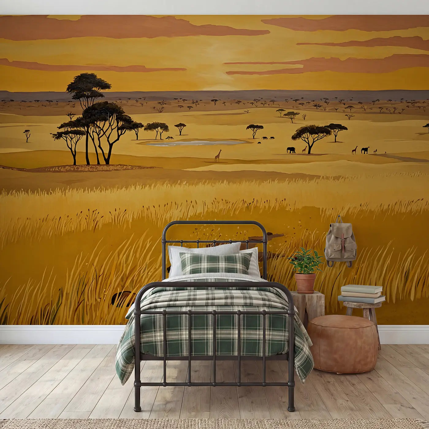 modern illustration savanna elephants giraffes sunset wallpaper mural for boys room by Whimsy Tots