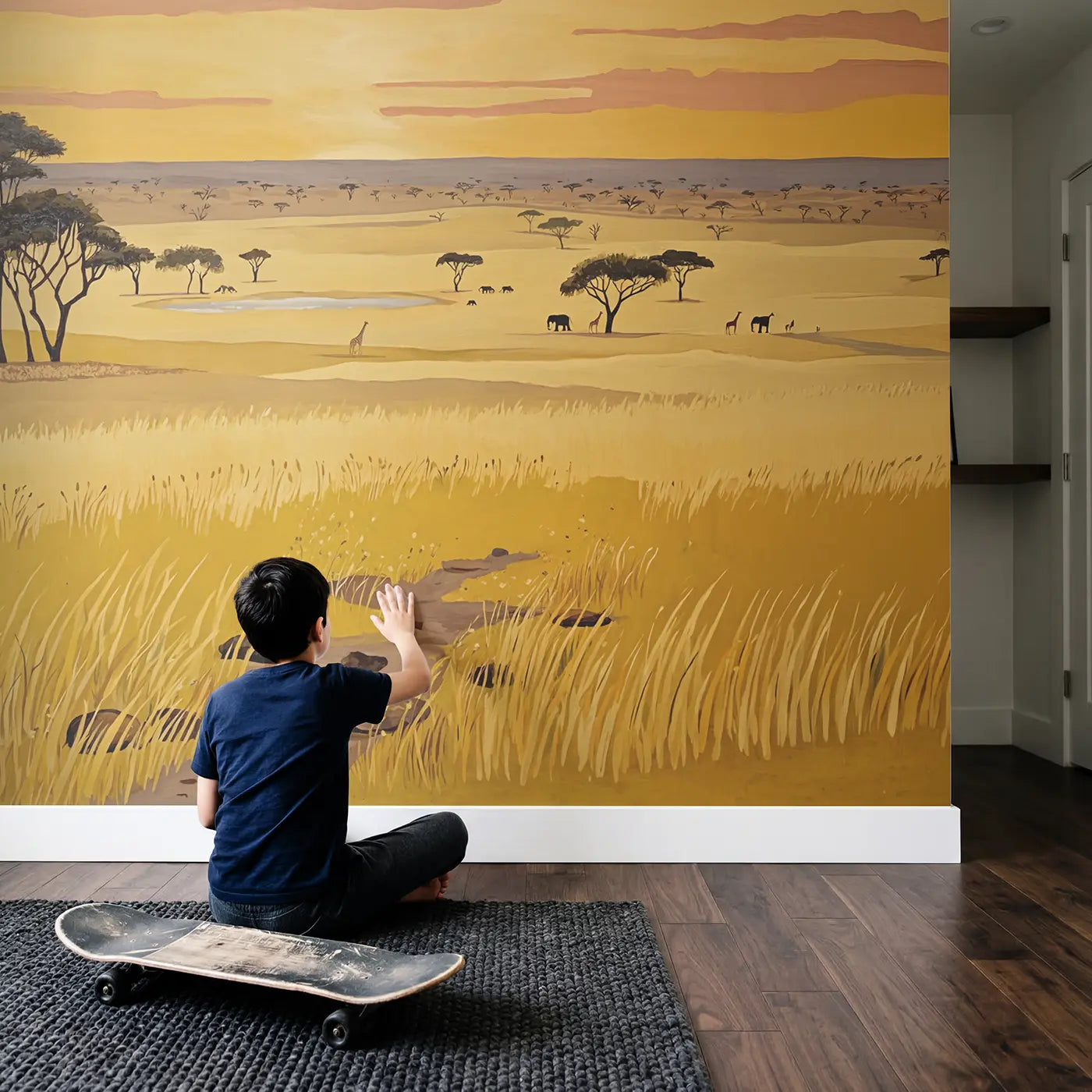 Child in nursery with Golden Savanna Horizon Wallpaper Mural by Whimsy Tots
