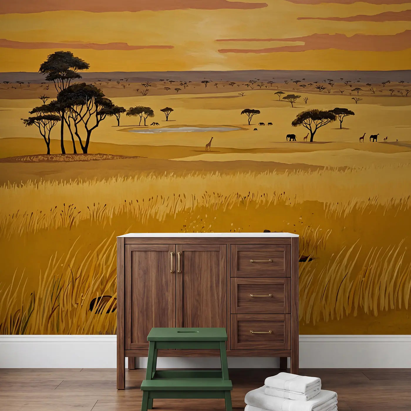 Golden Savanna Horizon Wallpaper Mural in playroom setting by Whimsy Tots