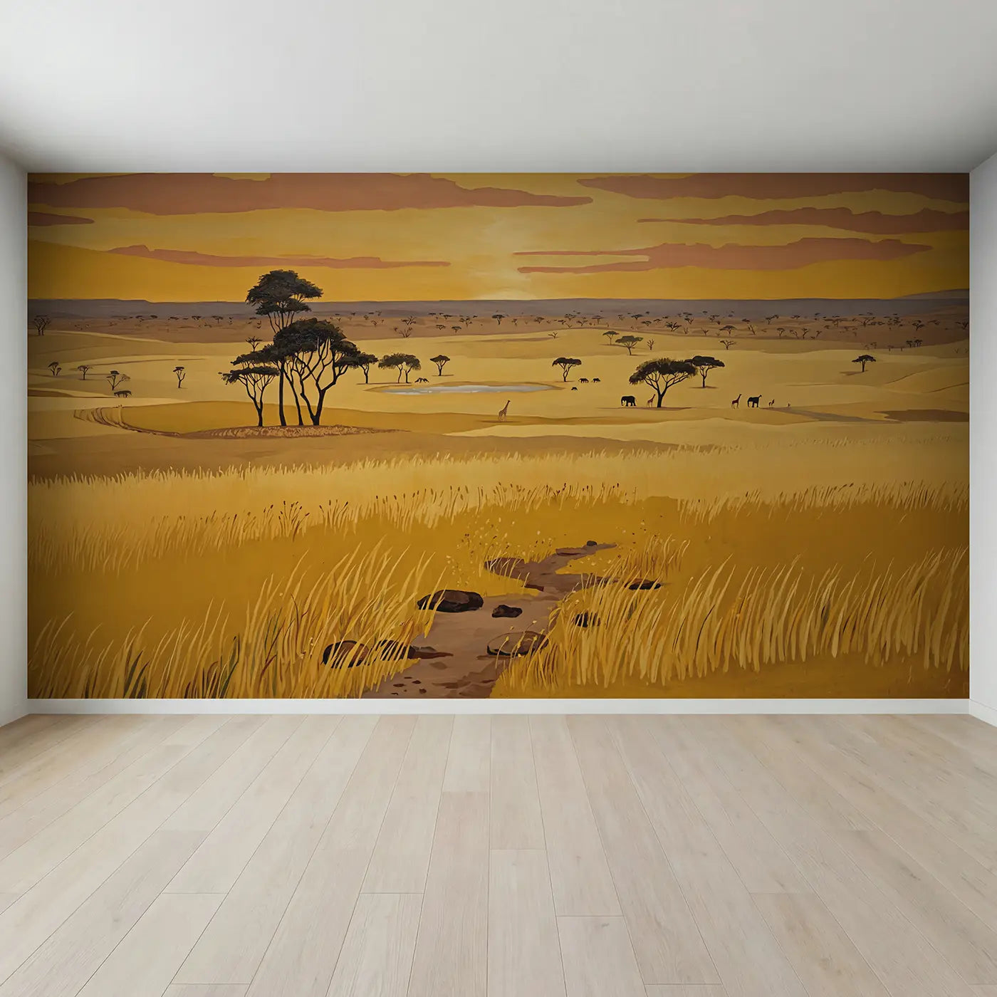 Full view of Golden Savanna Horizon Wallpaper Mural by Whimsy Tots