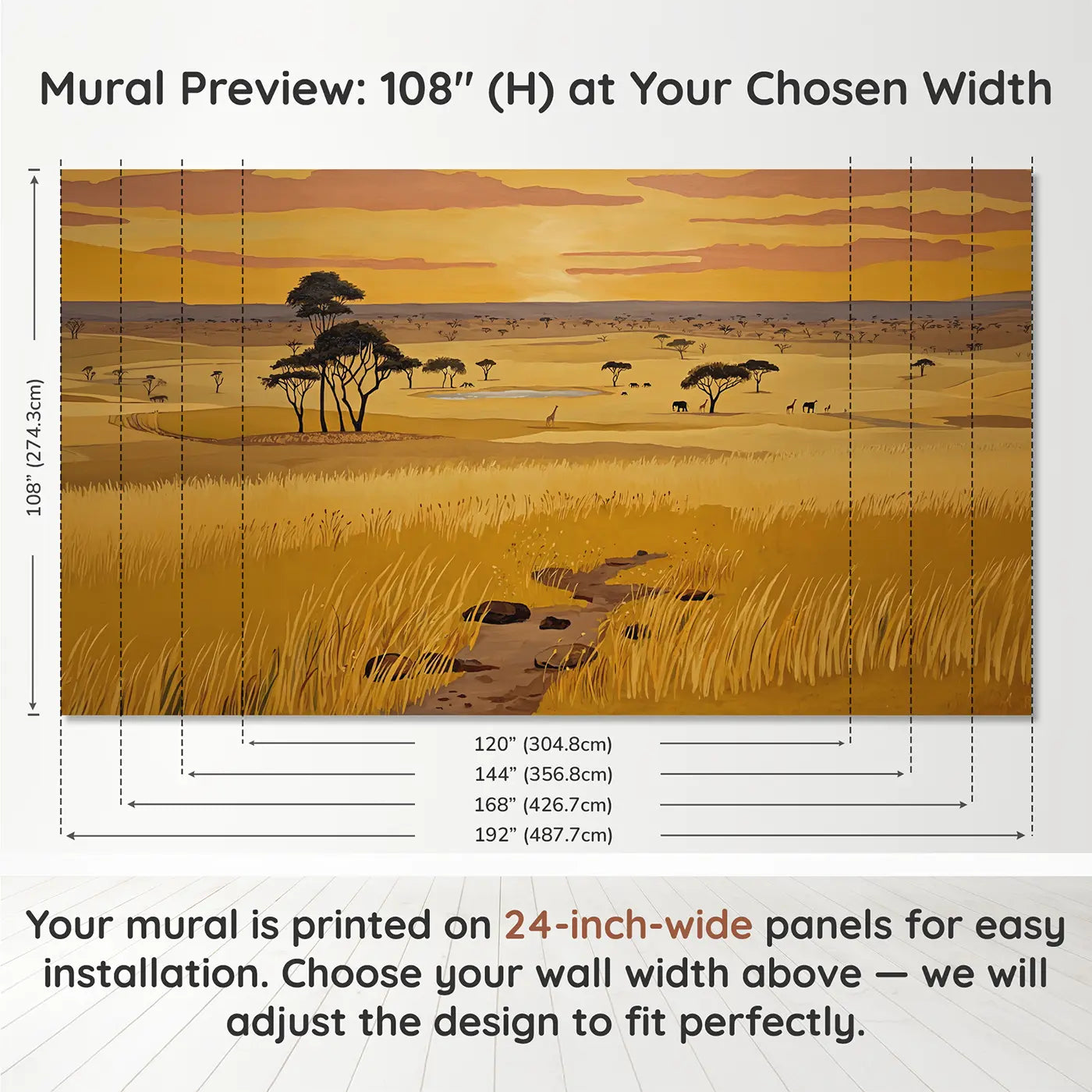 Panel layout and dimensions for Golden Savanna Horizon Wallpaper Mural by Whimsy Tots