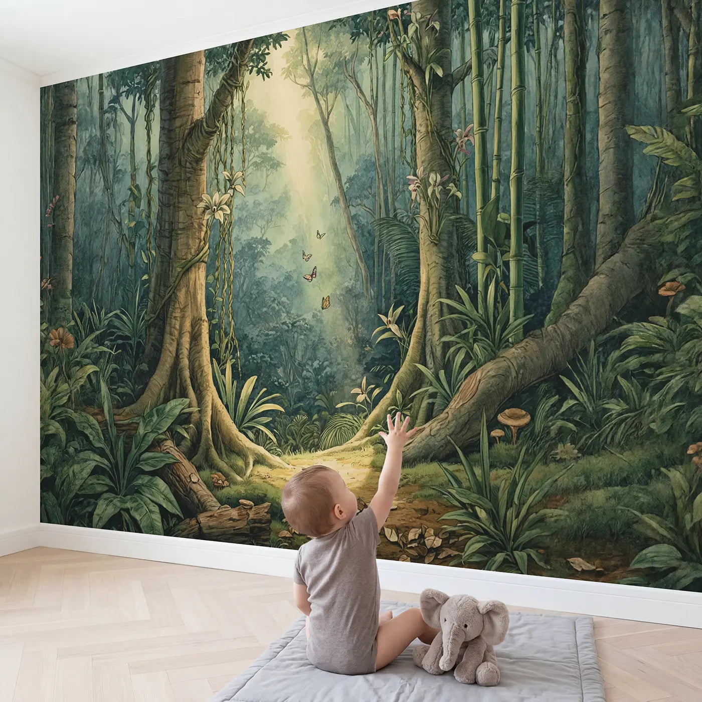Child in nursery with Jungle Light Cathedral Wallpaper Mural by Whimsy Tots