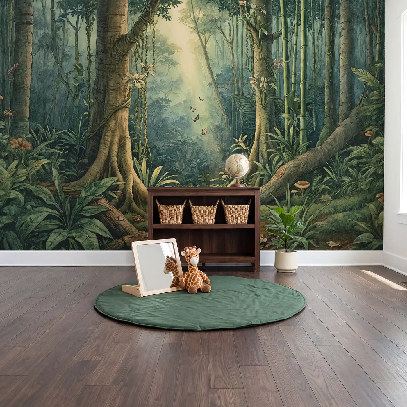 Jungle Light Cathedral Wallpaper Mural in playroom setting by Whimsy Tots