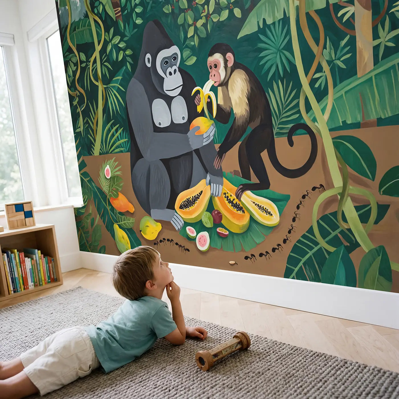 Child in nursery with Gorilla and Monkey Fruit Wallpaper Mural by Whimsy Tots
