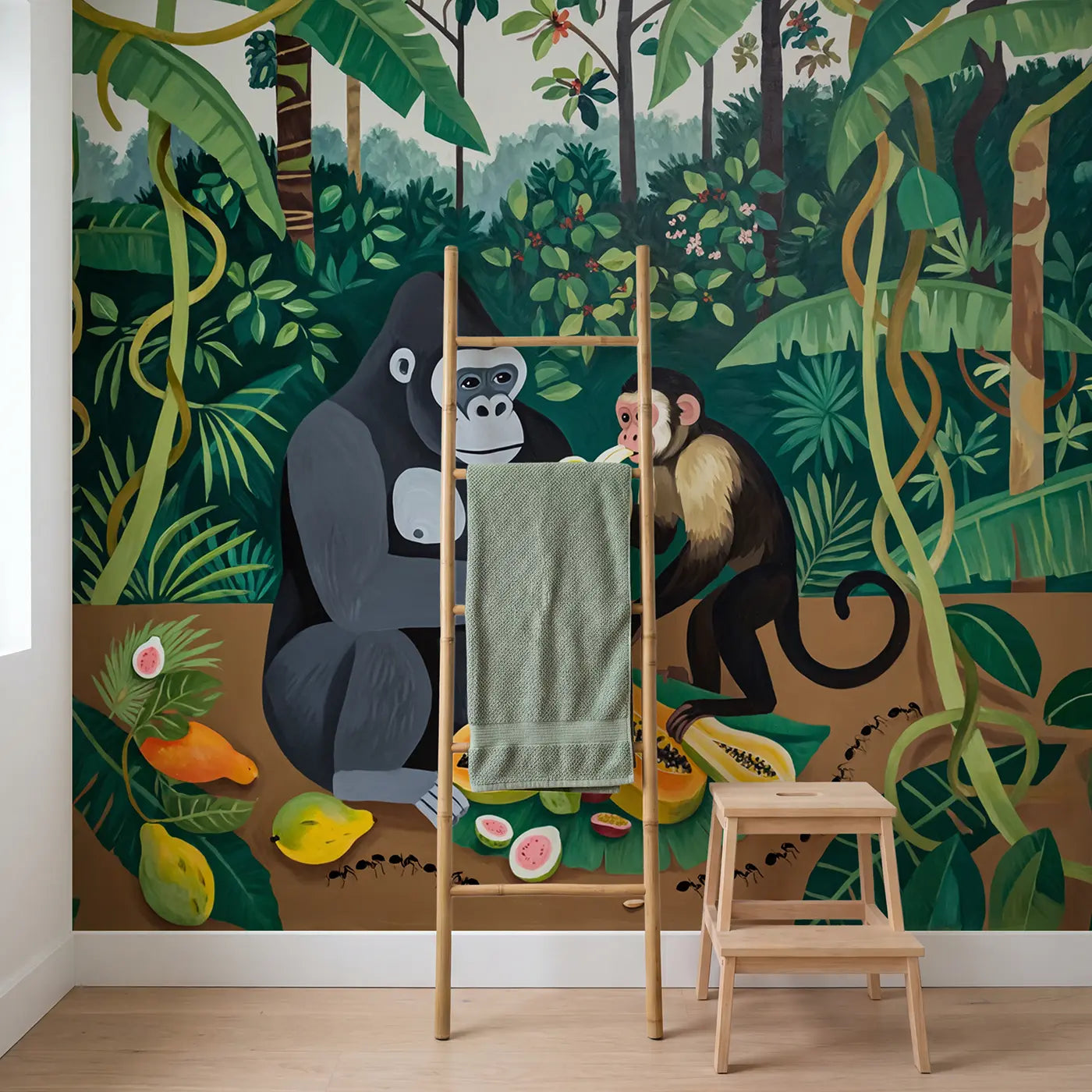 Gorilla and Monkey Fruit Wallpaper Mural in playroom setting by Whimsy Tots