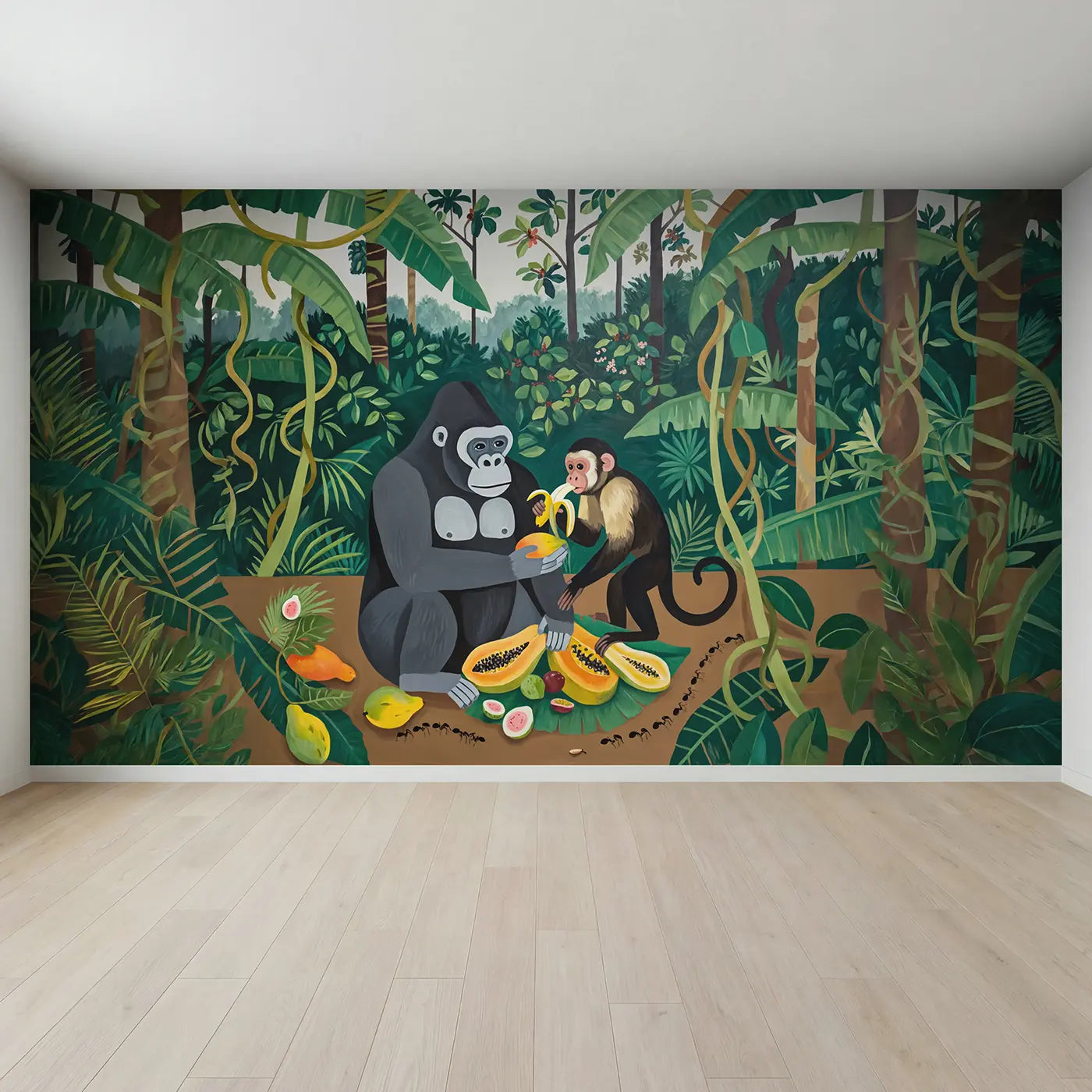 Full view of Gorilla and Monkey Fruit Wallpaper Mural by Whimsy Tots