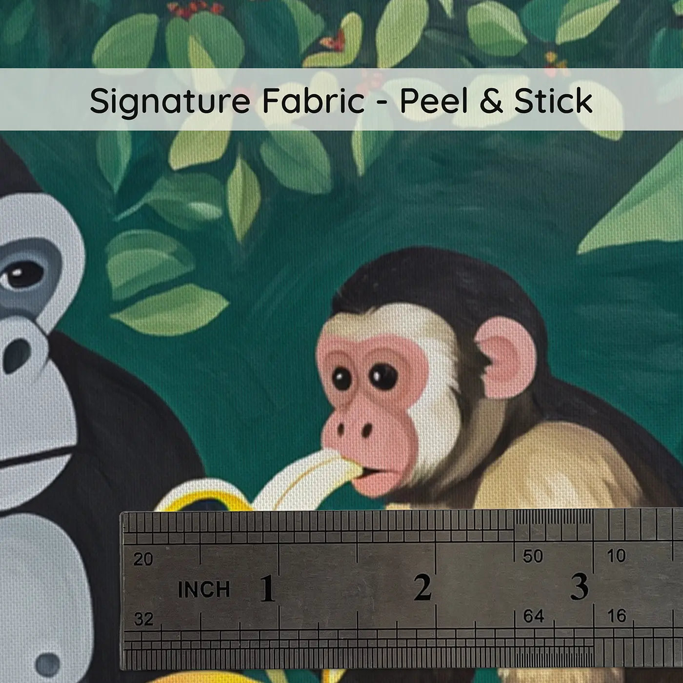 Fabric texture close-up of Gorilla and Monkey Fruit Wallpaper Mural by Whimsy Tots