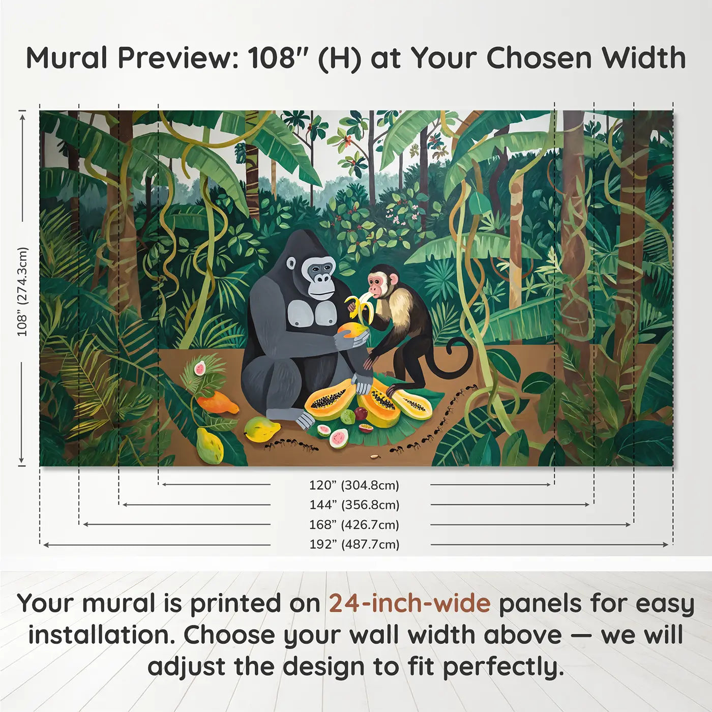 Panel layout and dimensions for Gorilla and Monkey Fruit Wallpaper Mural by Whimsy Tots