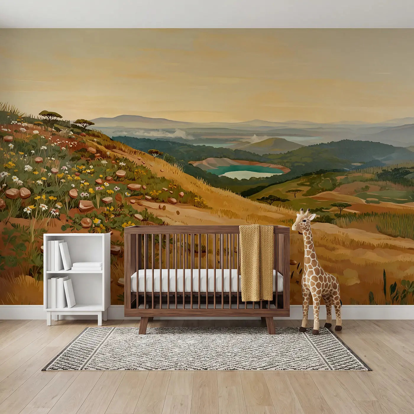 illustrated volcanic crater lake jungle wallpaper mural for nursery by Whimsy Tots
