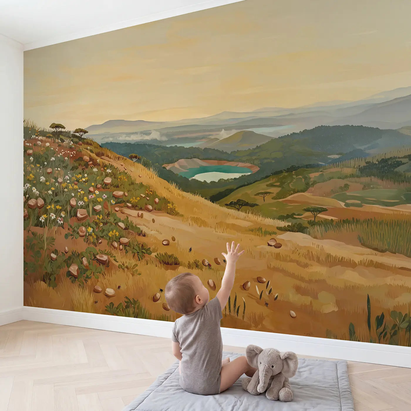 Child in nursery with Volcanic Crater Lake Surrounded Wallpaper Mural by Whimsy Tots