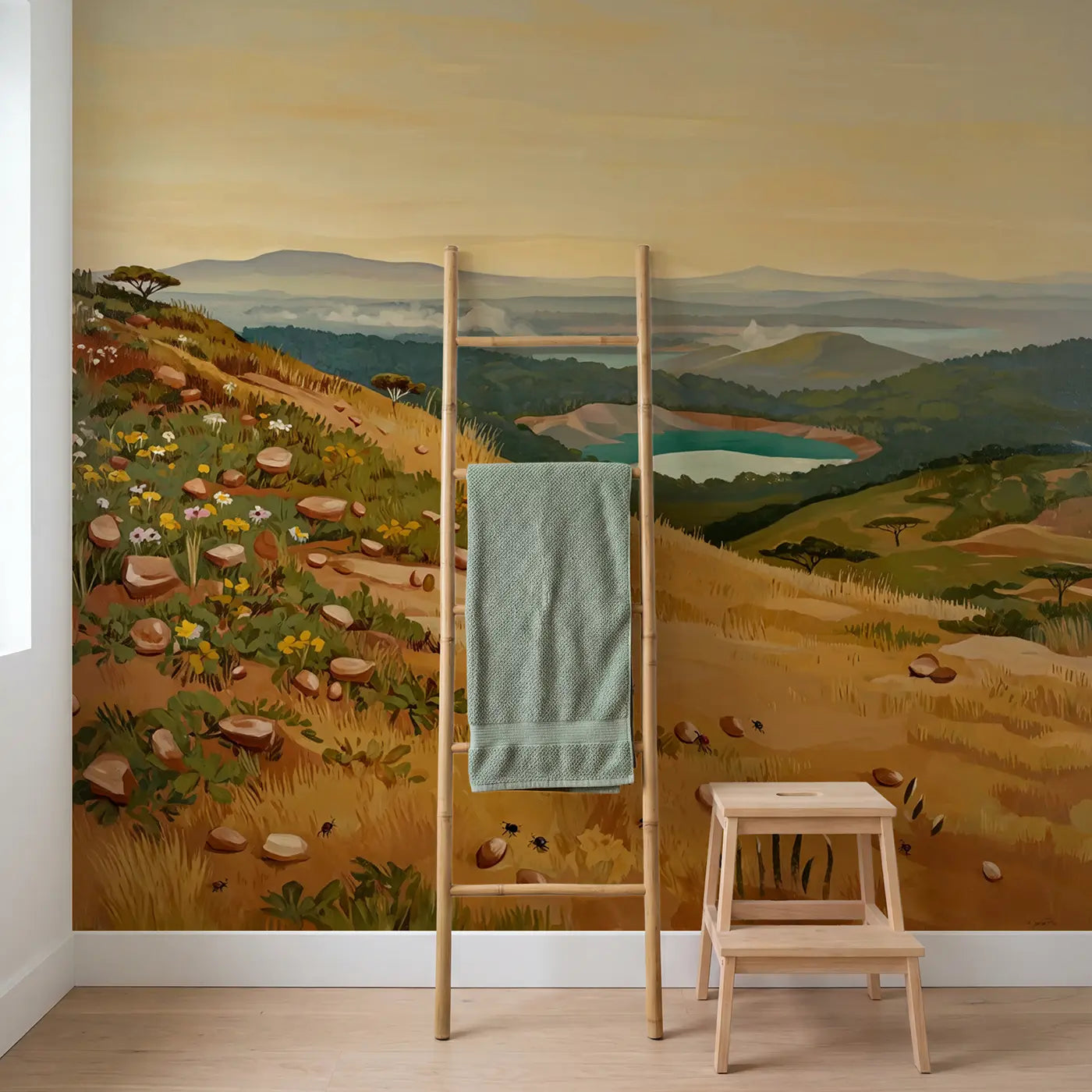 Volcanic Crater Lake Surrounded Wallpaper Mural in playroom setting by Whimsy Tots
