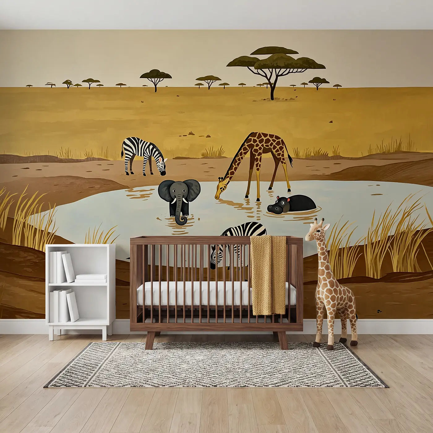 modern illustration baby animals watering hole wallpaper mural for kids room by Whimsy Tots