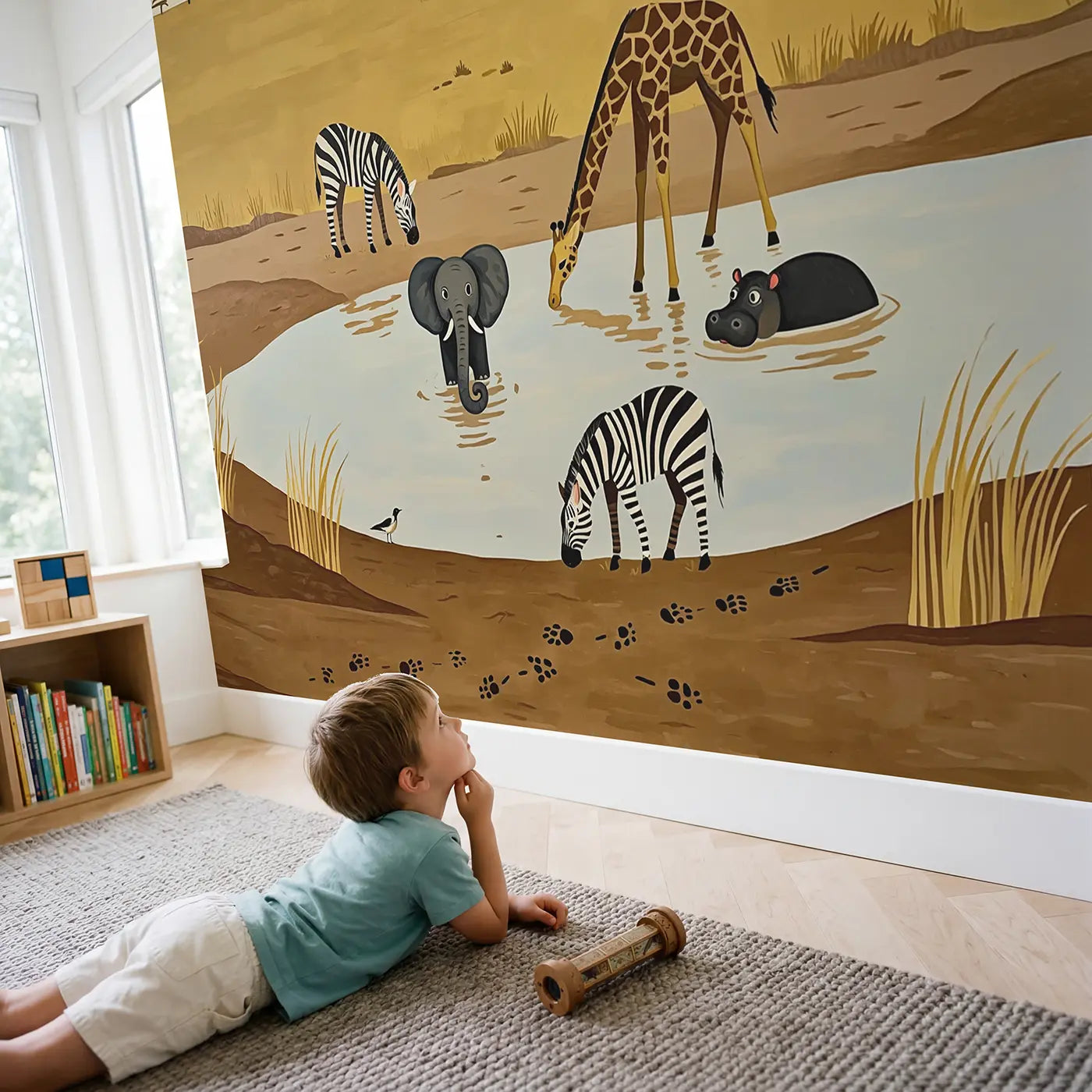 Child in nursery with Watering Hole First Visit Wallpaper Mural by Whimsy Tots