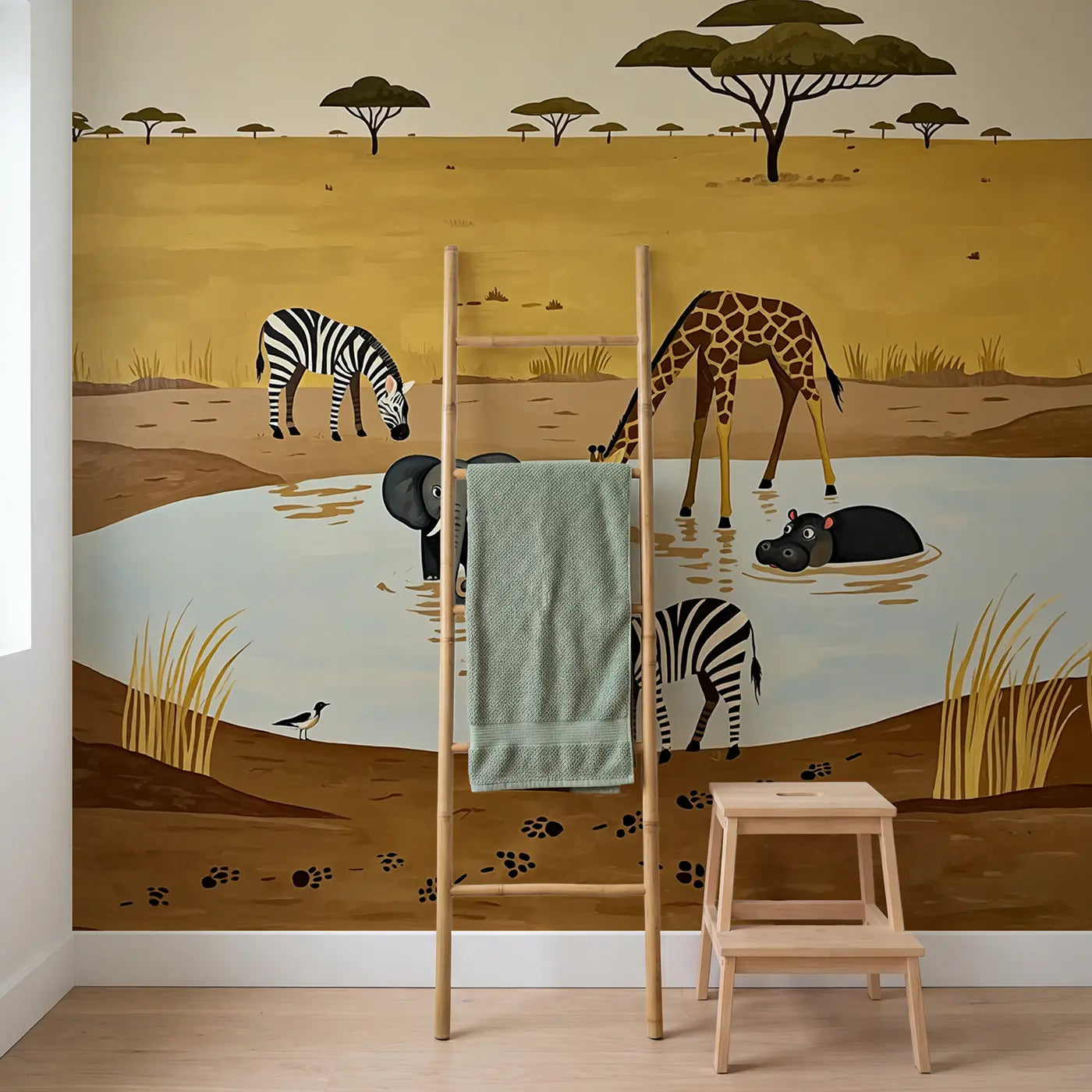 Watering Hole First Visit Wallpaper Mural in playroom setting by Whimsy Tots