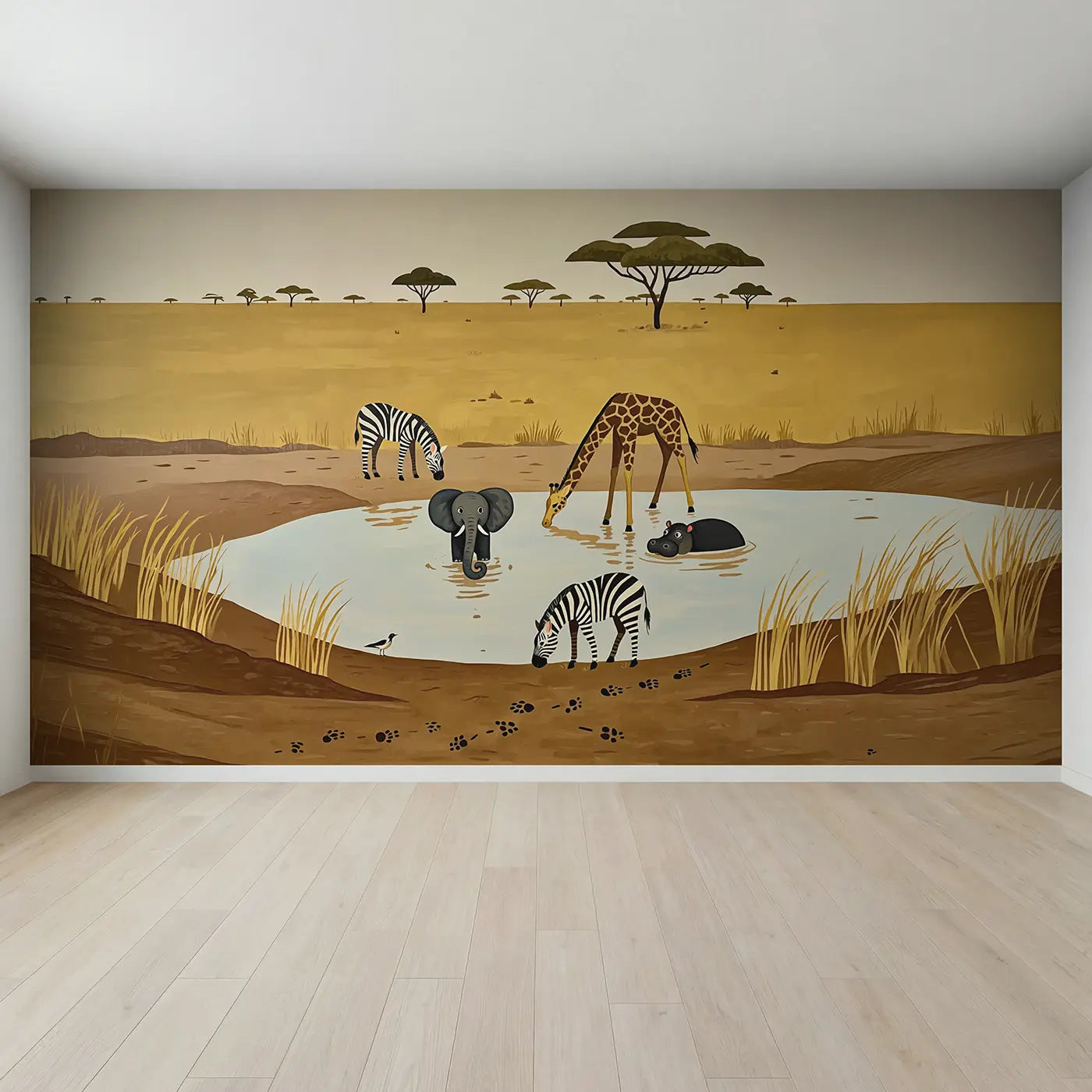 Full view of Watering Hole First Visit Wallpaper Mural by Whimsy Tots