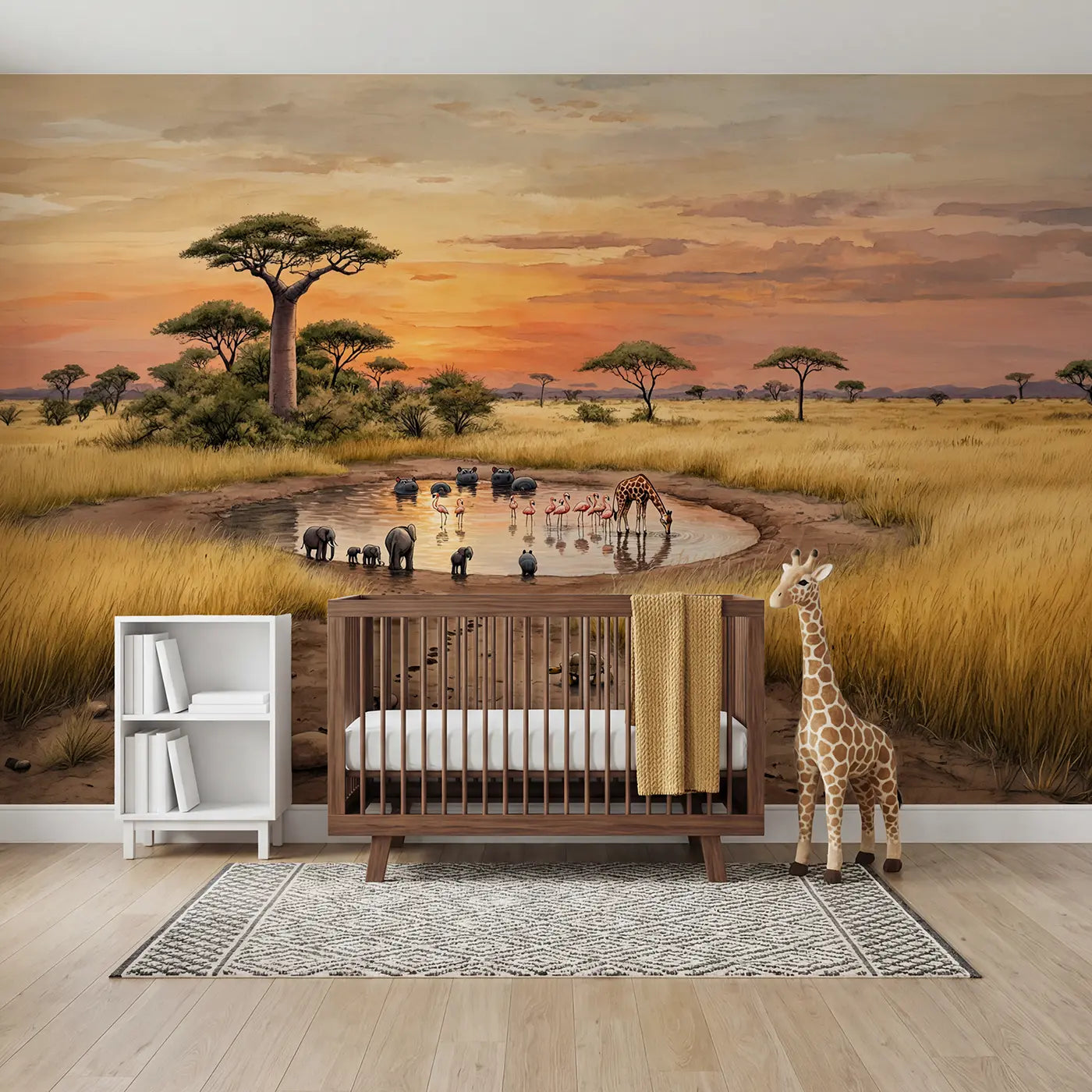 Storybook elephant and giraffe savanna wallpaper mural for kids room by Whimsy Tots