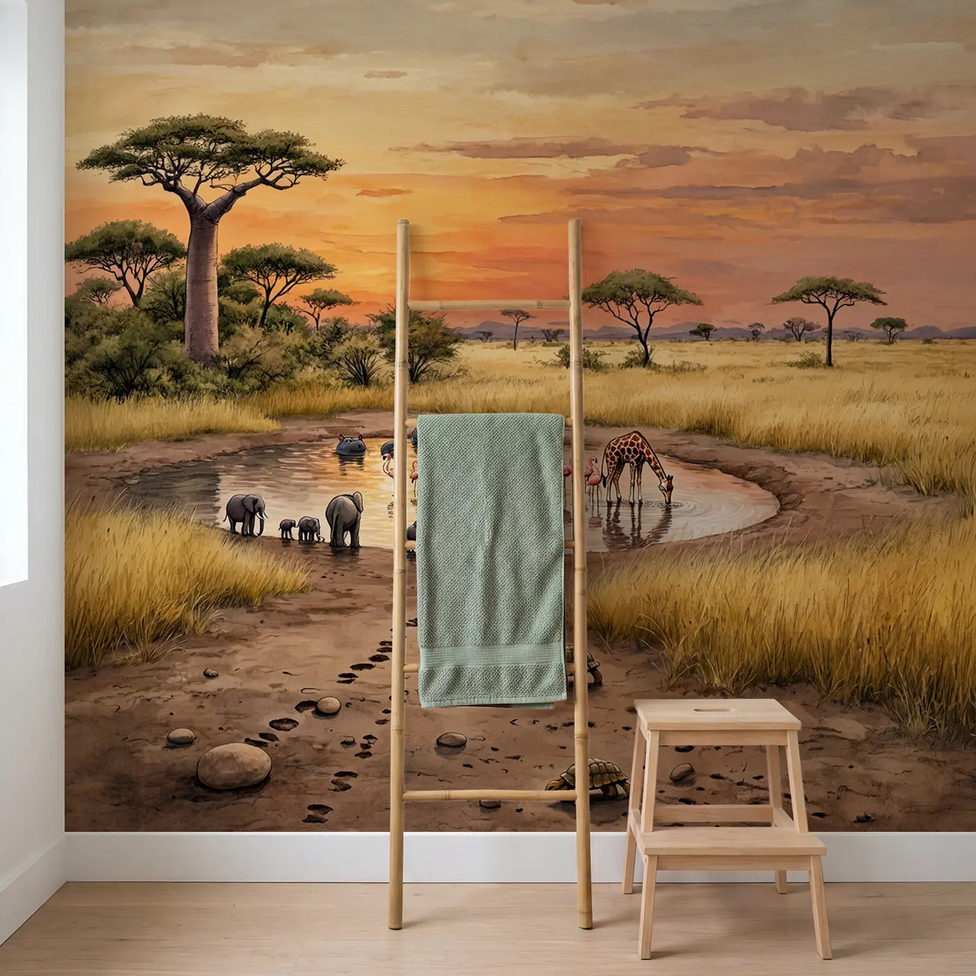 Sunset Safari Watering Hole Wallpaper Mural in playroom setting by Whimsy Tots