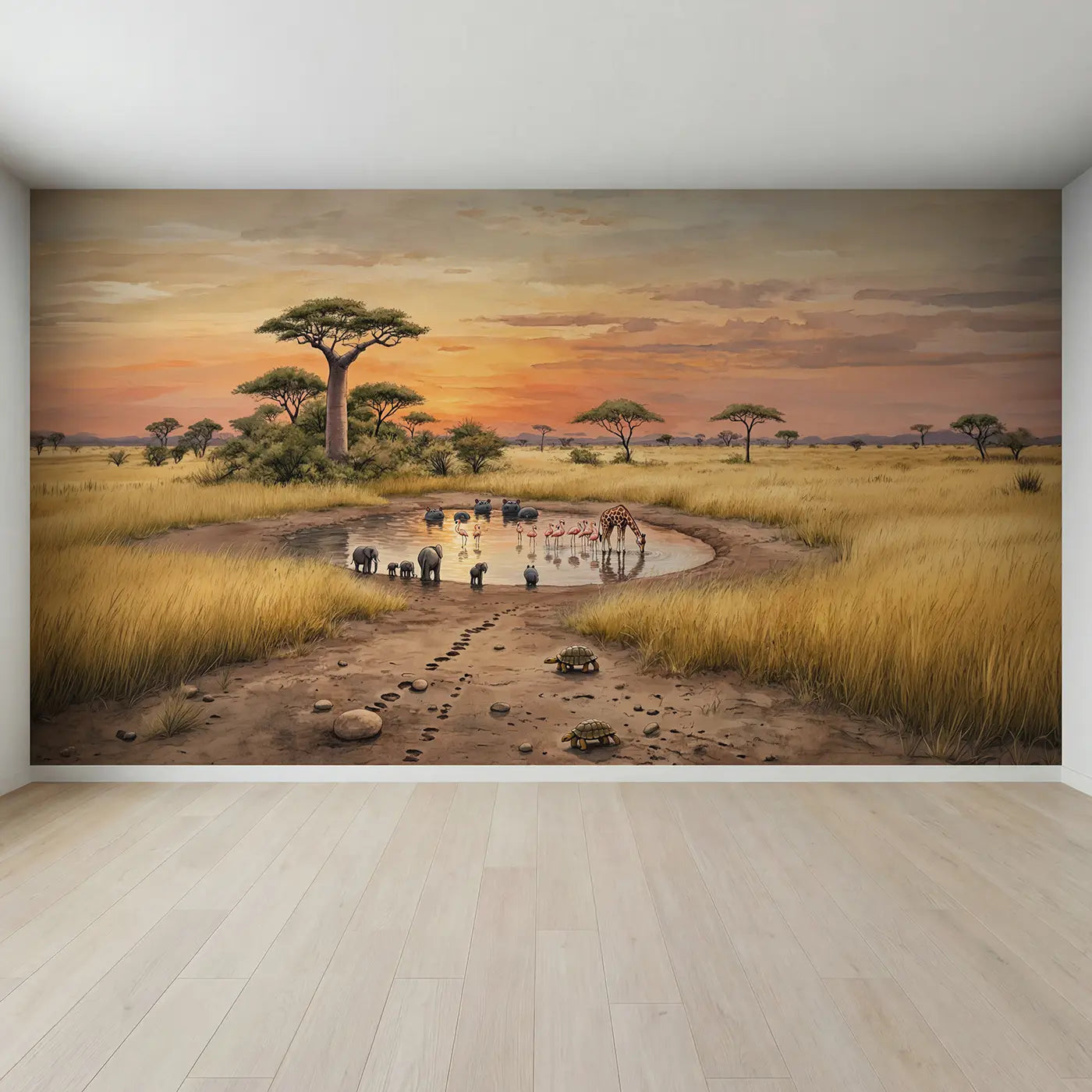 Full view of Sunset Safari Watering Hole Wallpaper Mural by Whimsy Tots