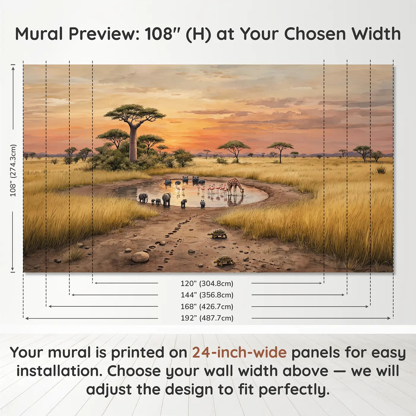Panel layout and dimensions for Sunset Safari Watering Hole Wallpaper Mural by Whimsy Tots