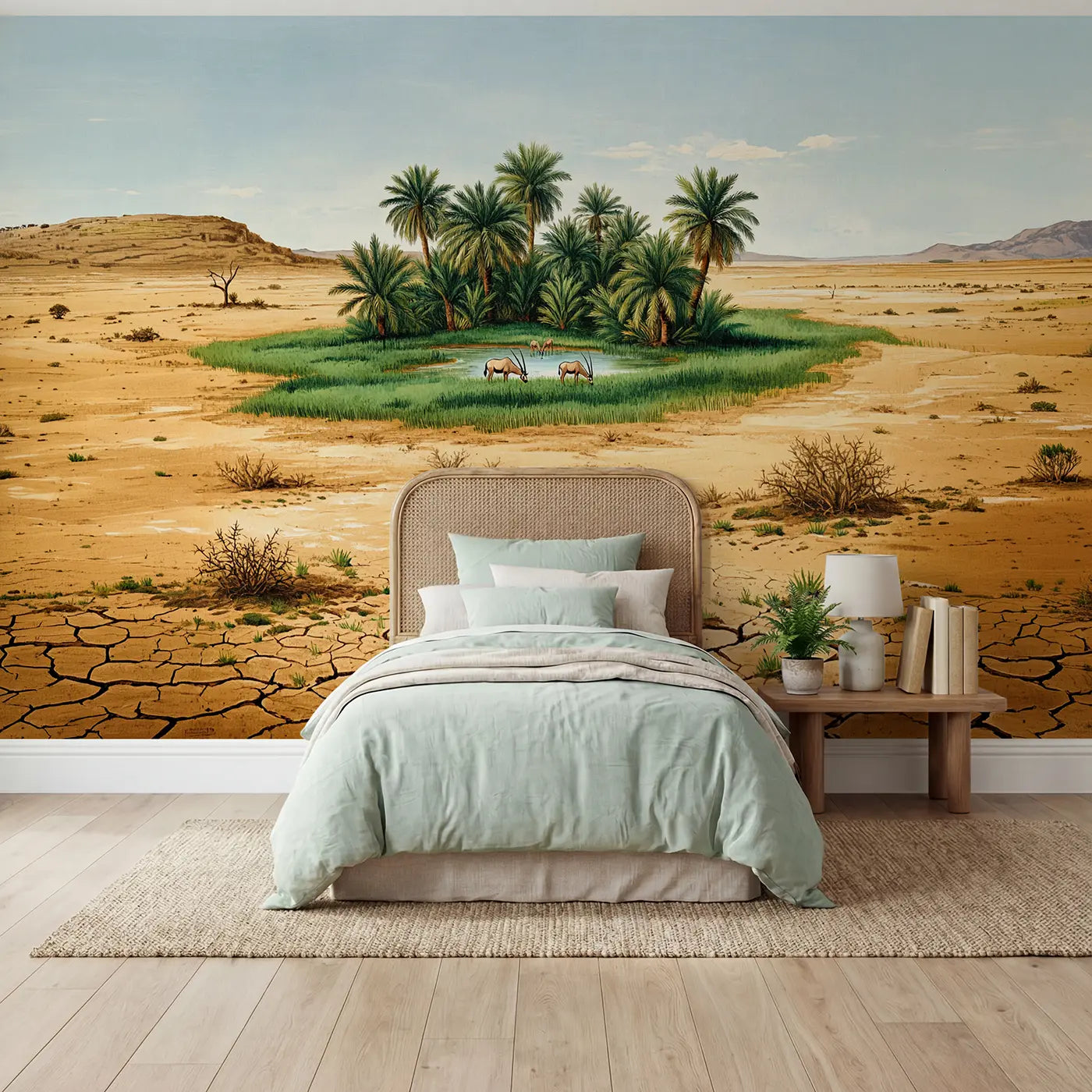 Block print palm oasis dry savanna wallpaper mural for kids room by Whimsy Tots