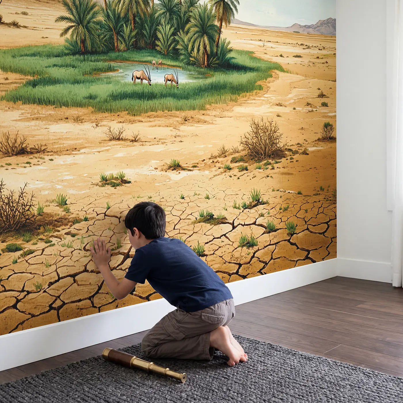 Child in nursery with Palm Oasis Dry Savanna Wallpaper Mural by Whimsy Tots