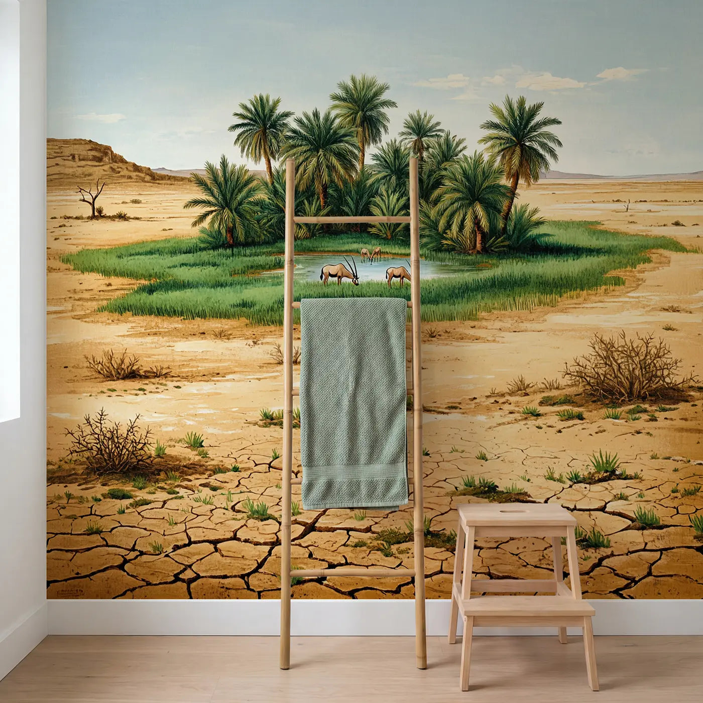 Palm Oasis Dry Savanna Wallpaper Mural in playroom setting by Whimsy Tots