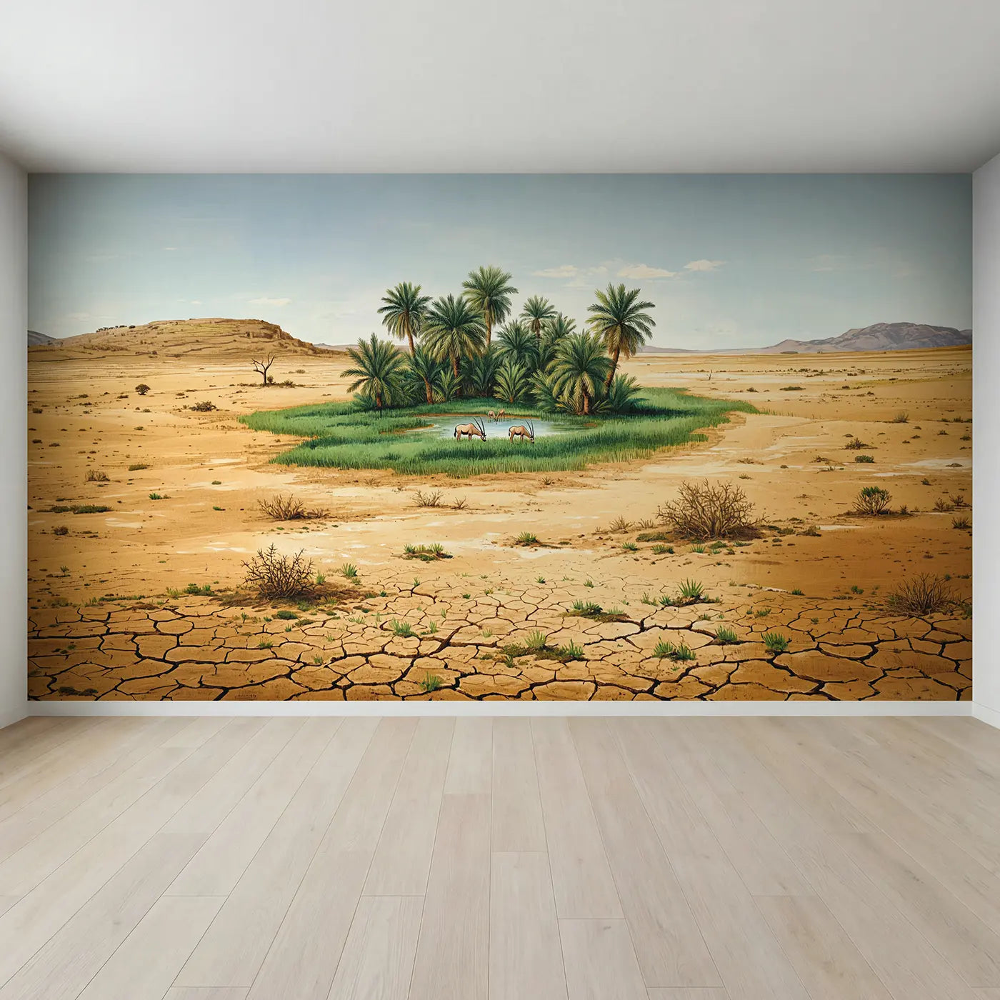 Full view of Palm Oasis Dry Savanna Wallpaper Mural by Whimsy Tots