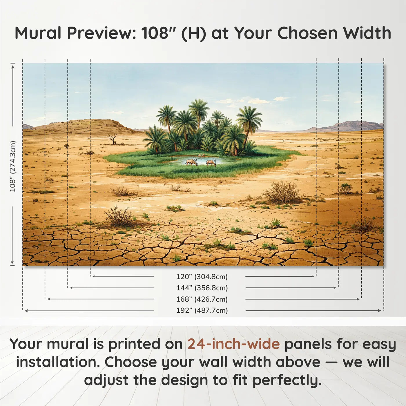 Panel layout and dimensions for Palm Oasis Dry Savanna Wallpaper Mural by Whimsy Tots