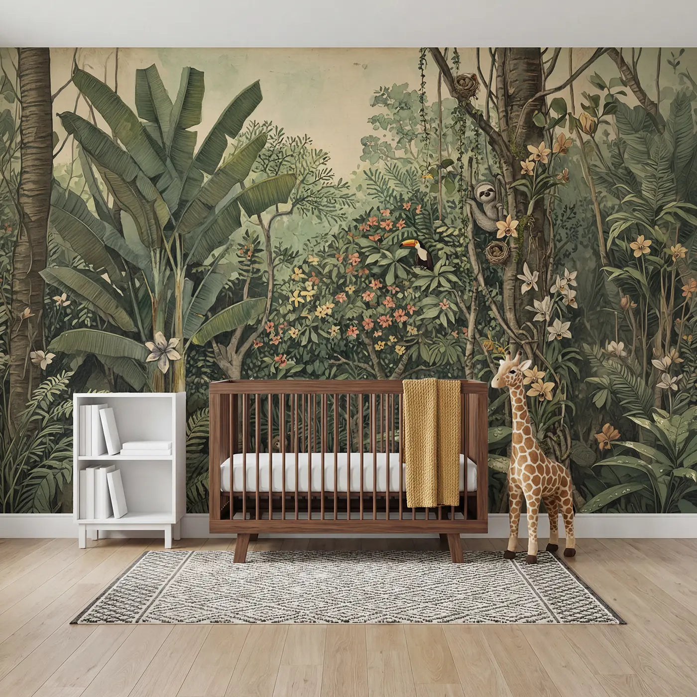 Storybook toucan and monkey savanna wallpaper mural for nursery by Whimsy Tots