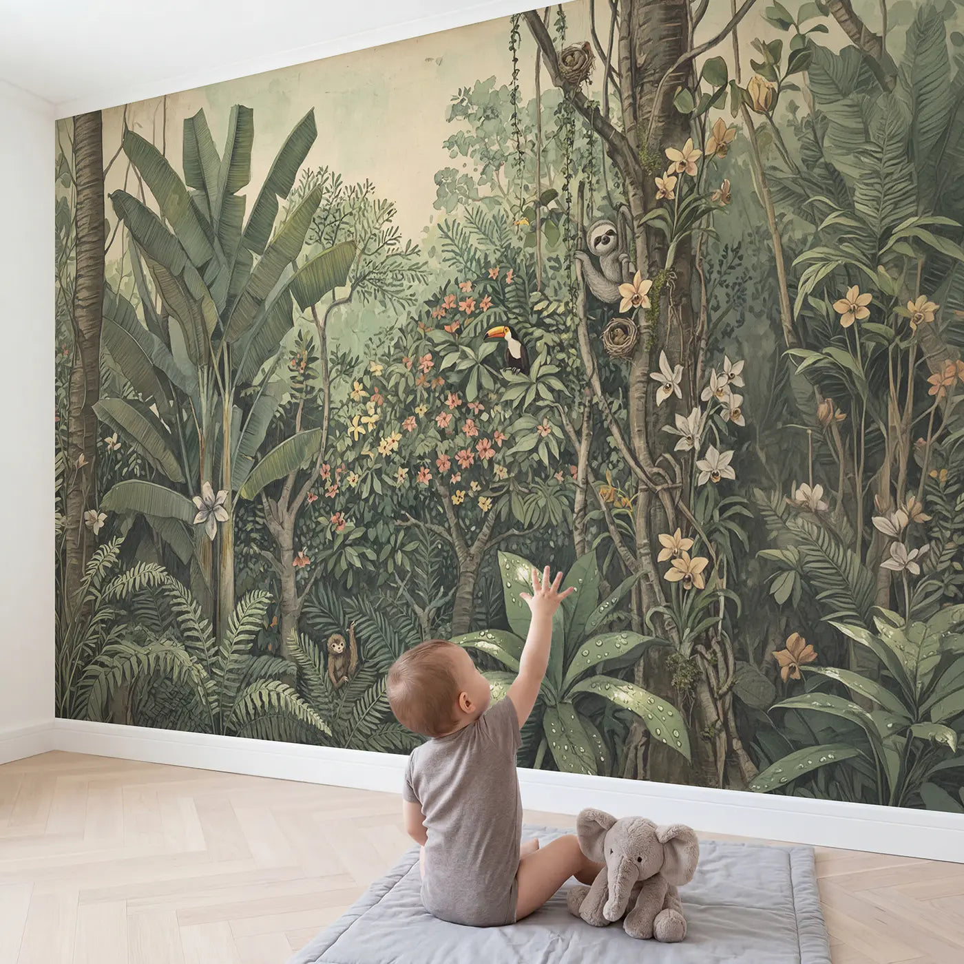 Child in nursery with Tropical Jungle Canopy Wallpaper Mural by Whimsy Tots