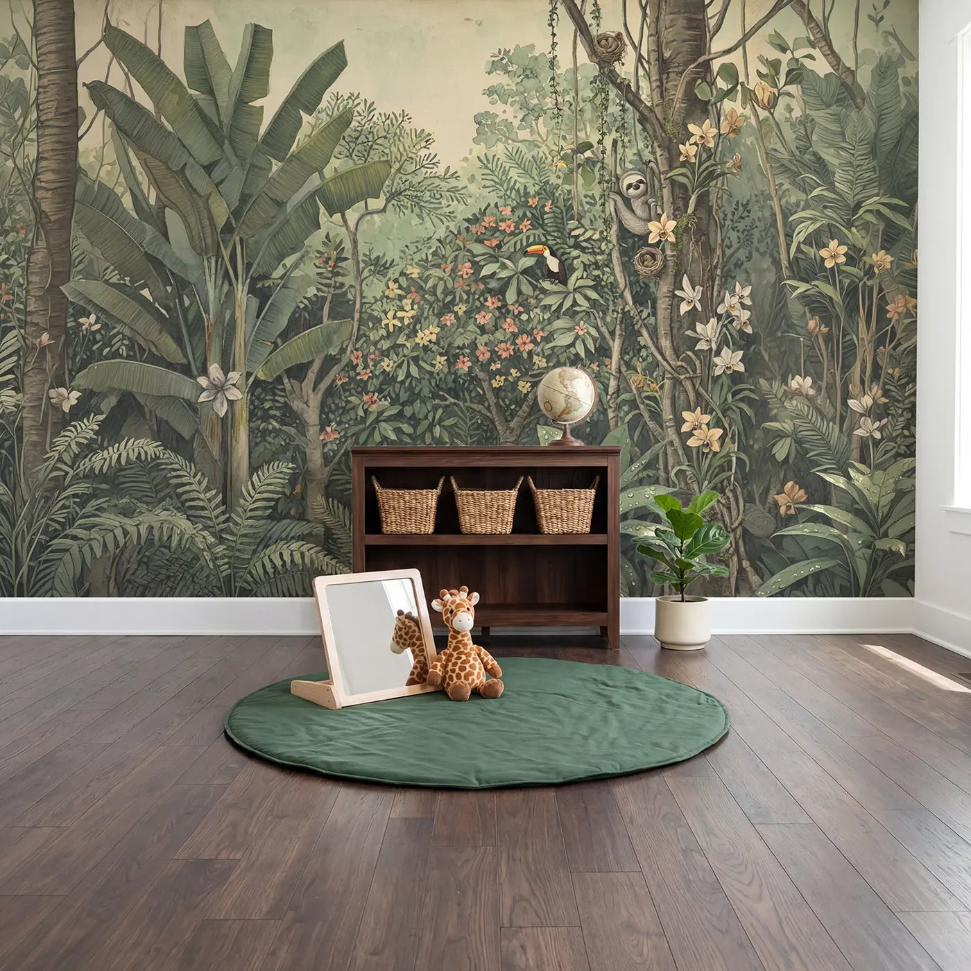 Tropical Jungle Canopy Wallpaper Mural in playroom setting by Whimsy Tots